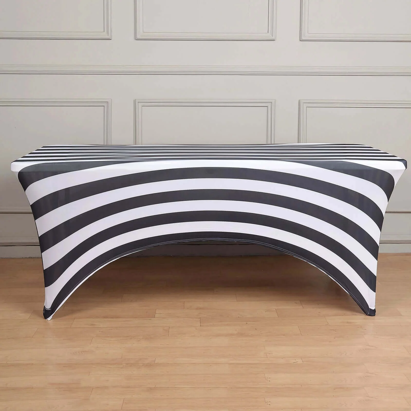 Stretch Spandex Rectangle Tablecloth 8ft Black/White Vertical Stripes - Easy to Maintain Form-Fitting Table Cover for Weddings & Events