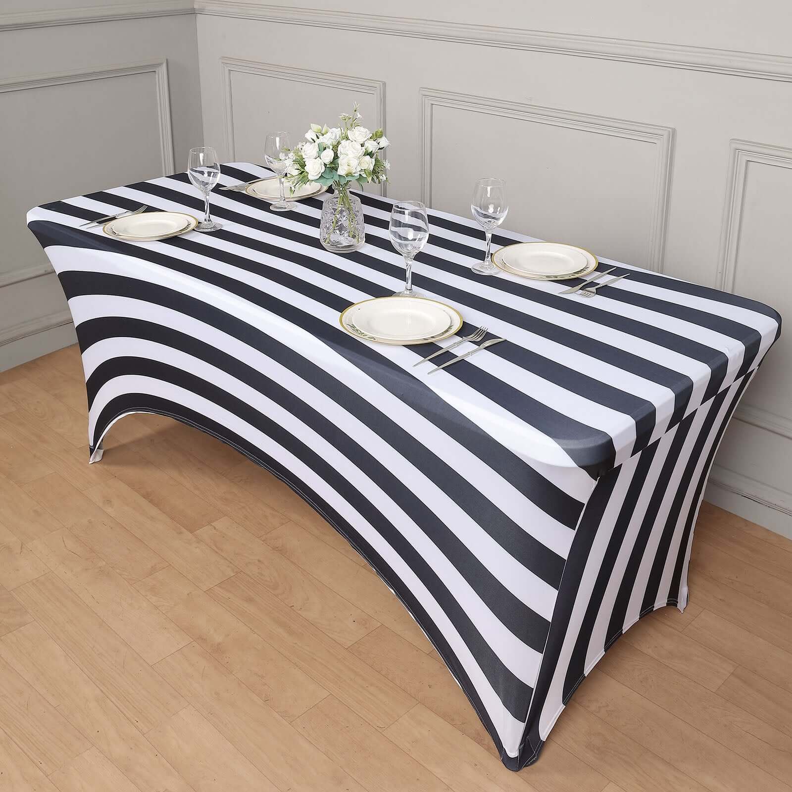 Stretch Spandex Rectangle Tablecloth 8ft Black/White Vertical Stripes - Easy to Maintain Form-Fitting Table Cover for Weddings & Events - Image 3