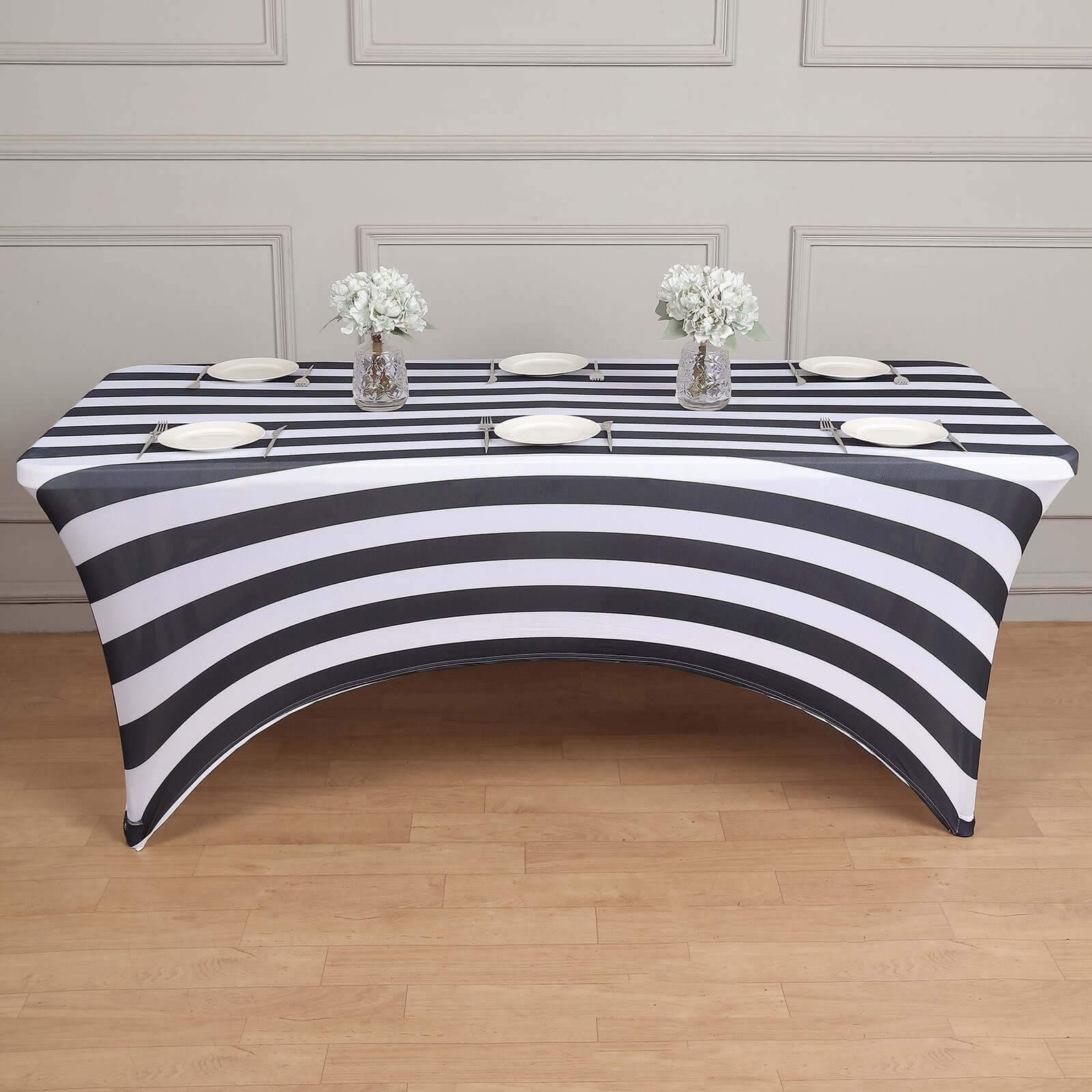 Stretch Spandex Rectangle Tablecloth 8ft Black/White Vertical Stripes - Easy to Maintain Form-Fitting Table Cover for Weddings & Events - Image 4