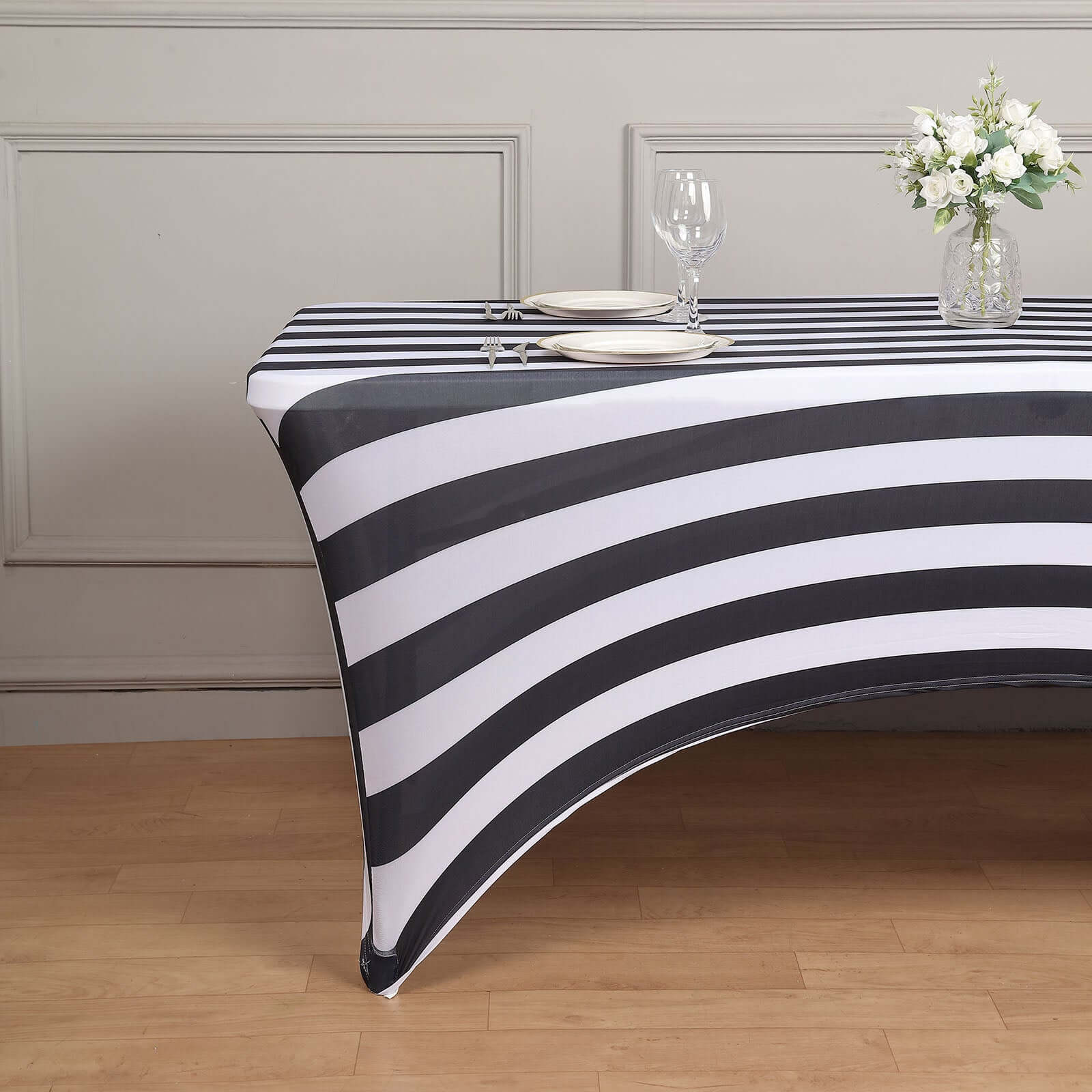 Stretch Spandex Rectangle Tablecloth 8ft Black/White Vertical Stripes - Easy to Maintain Form-Fitting Table Cover for Weddings & Events - Image 5