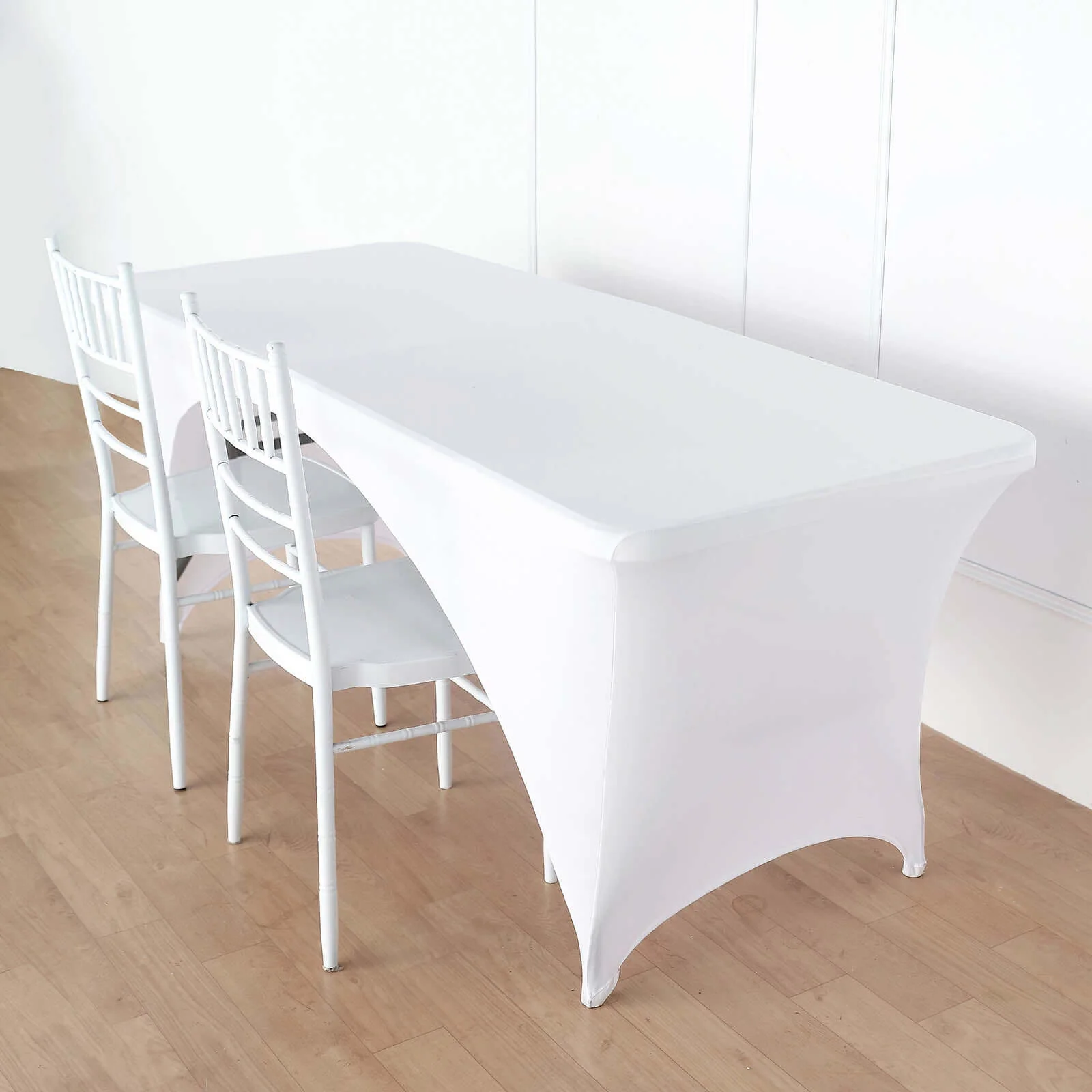 Stretch Spandex Rectangular Table Cover 72"x30" White - Curved Open Back Design, Easy to Install Snug Fit Tablecloth for Upscale Functions, Tradeshows & Exhibitions - Image 2