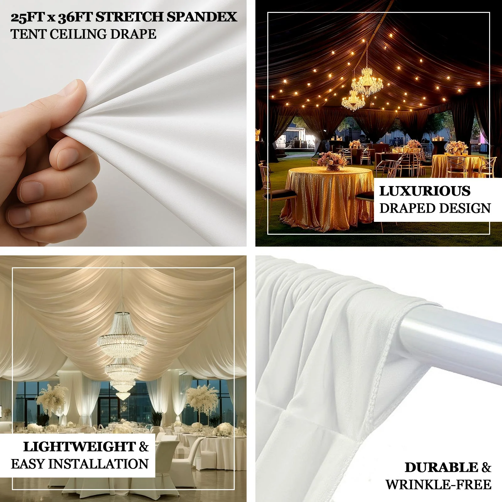 Stretch Spandex Tent Ceiling Drape – 25ft x 36ft, White 180GSM Wrinkle-Free Fabric Ceiling Liner with Pole Pockets, Premium - Image 4