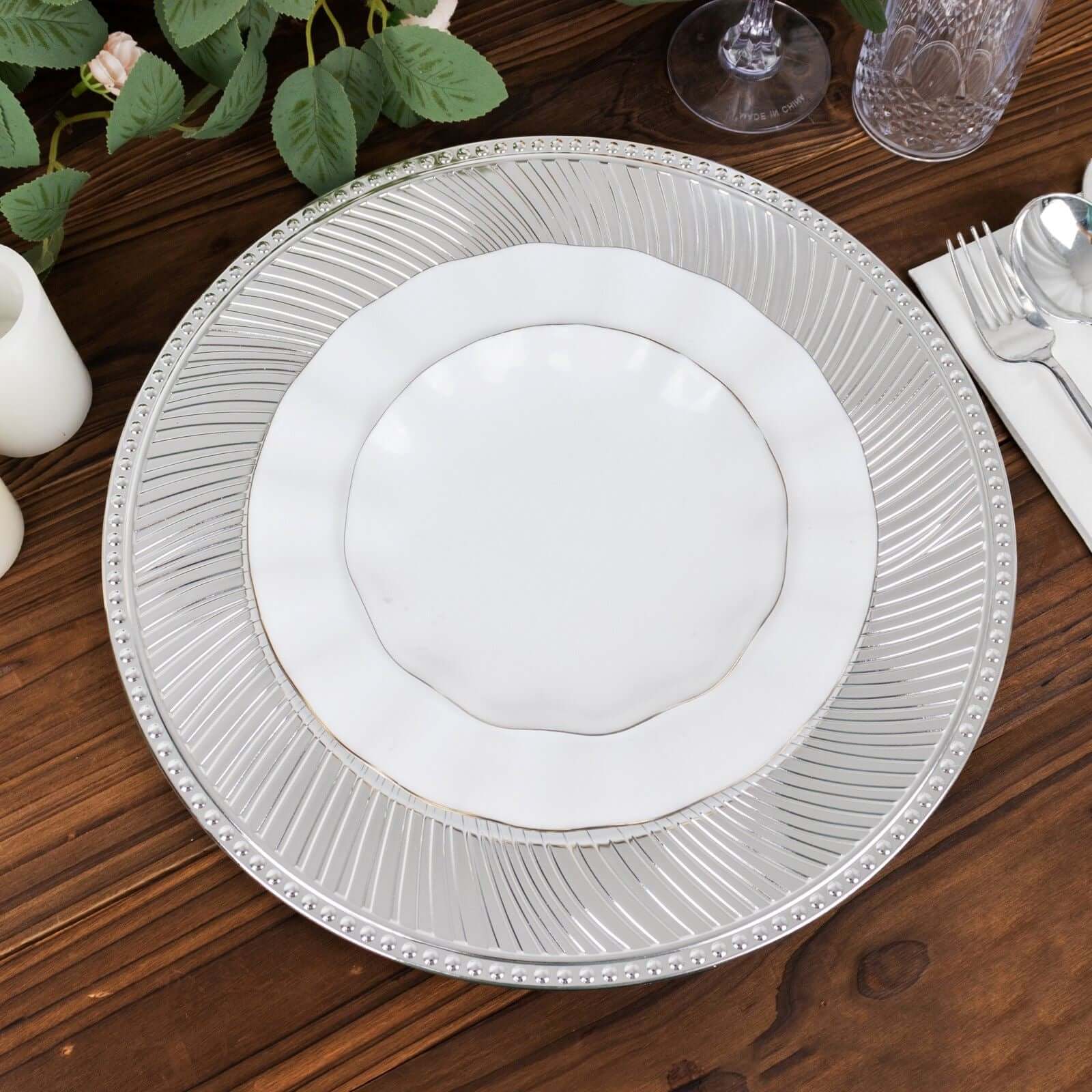 6-Pack Acrylic Charger Plates 13" Round Metallic Silver Swirl Pattern with Beaded Rim - Plastic Decorative Dinner Party Charger Tableware - Image 2