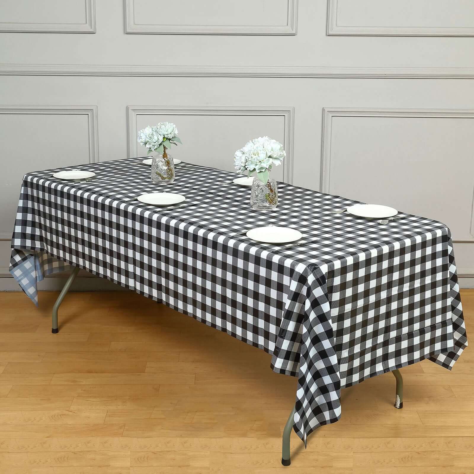 5-Pack Plastic Table Covers 54"x108" Black Checkered Rectangle - PVC Waterproof Disposable Tablecloths - Image 7