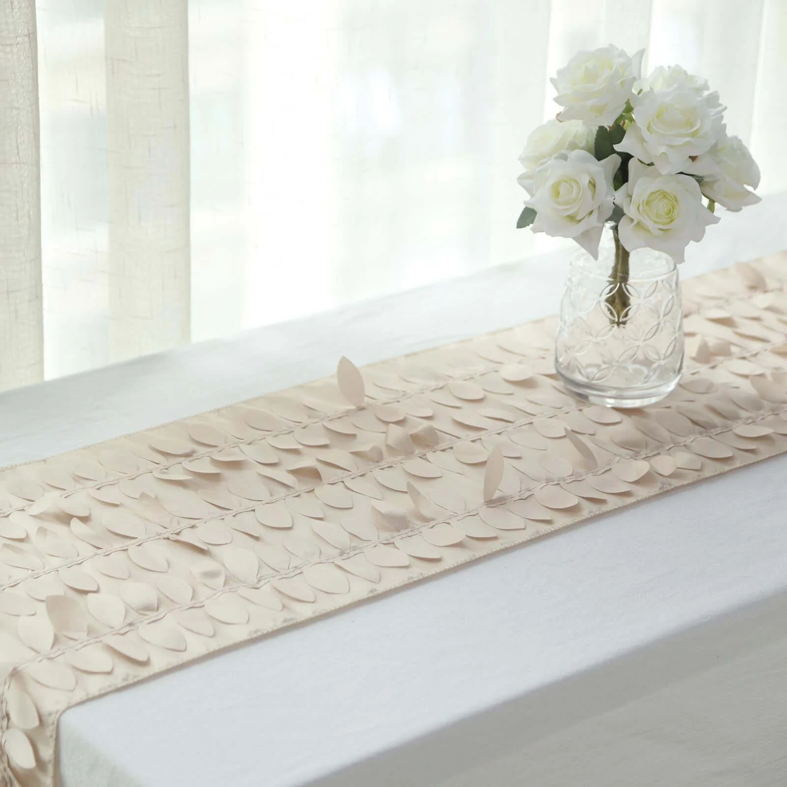 Taffeta Fabric Table Runner 12"x108" Beige - 3D Leaf Petal Table Decor - Image 10