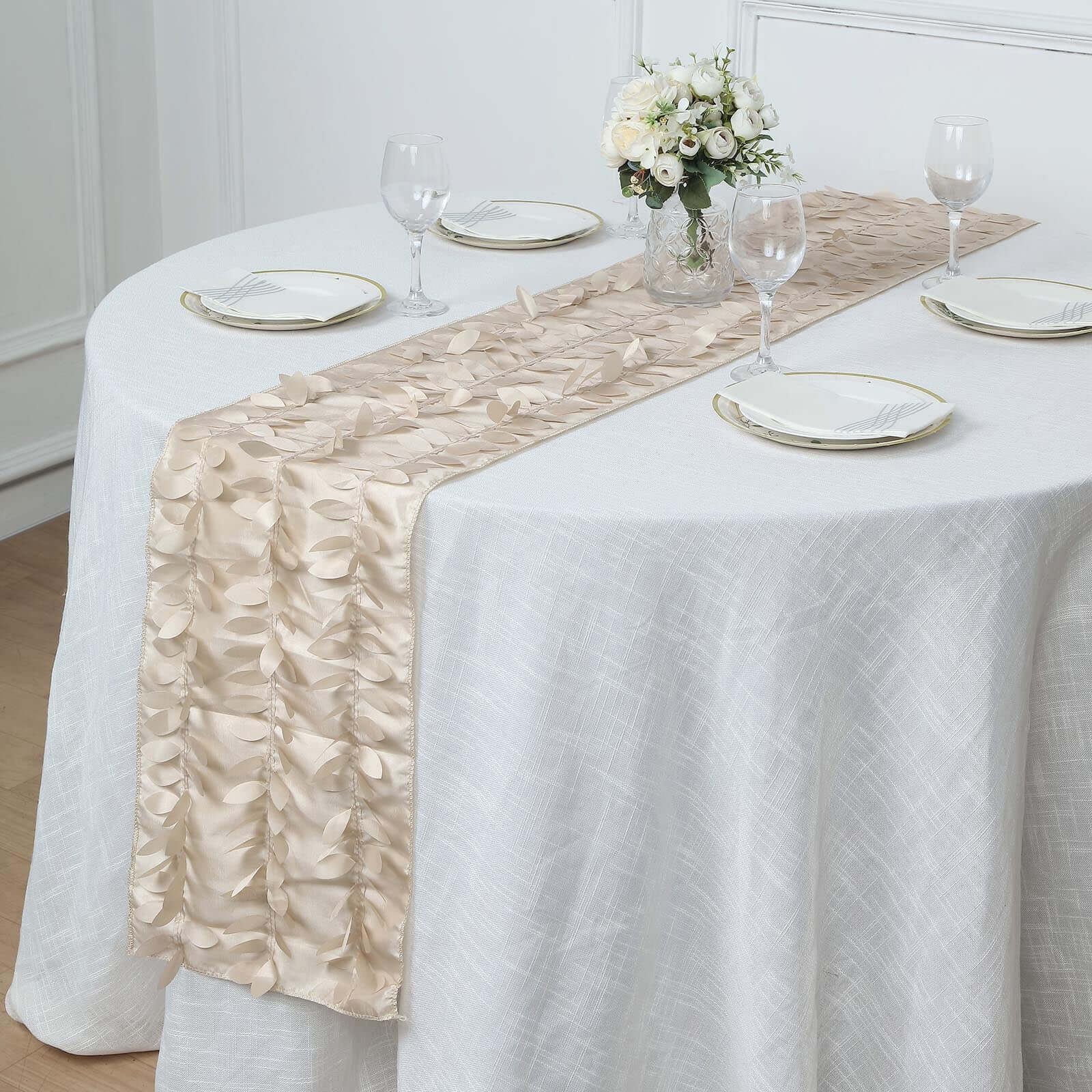 Taffeta Fabric Table Runner 12"x108" Beige - 3D Leaf Petal Table Decor - Image 11