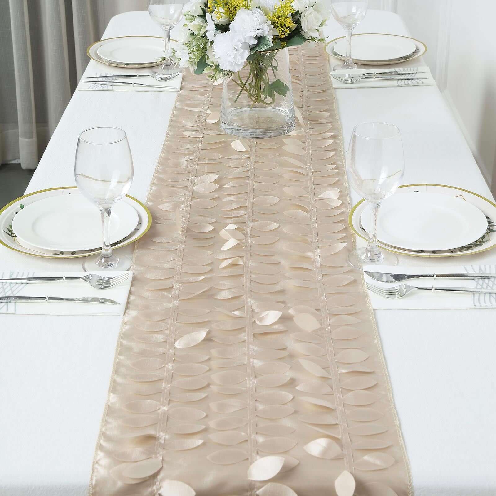 Taffeta Fabric Table Runner 12"x108" Beige - 3D Leaf Petal Table Decor - Image 2