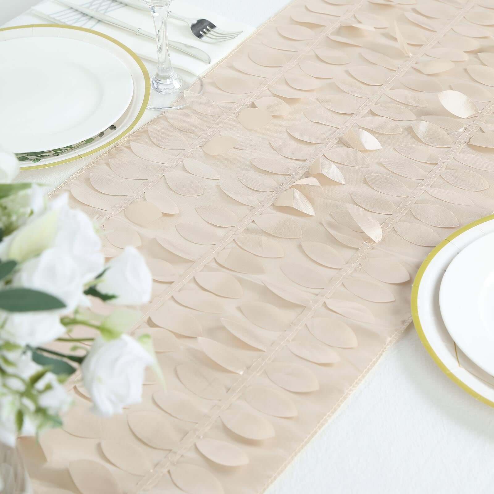 Taffeta Fabric Table Runner 12"x108" Beige - 3D Leaf Petal Table Decor - Image 8