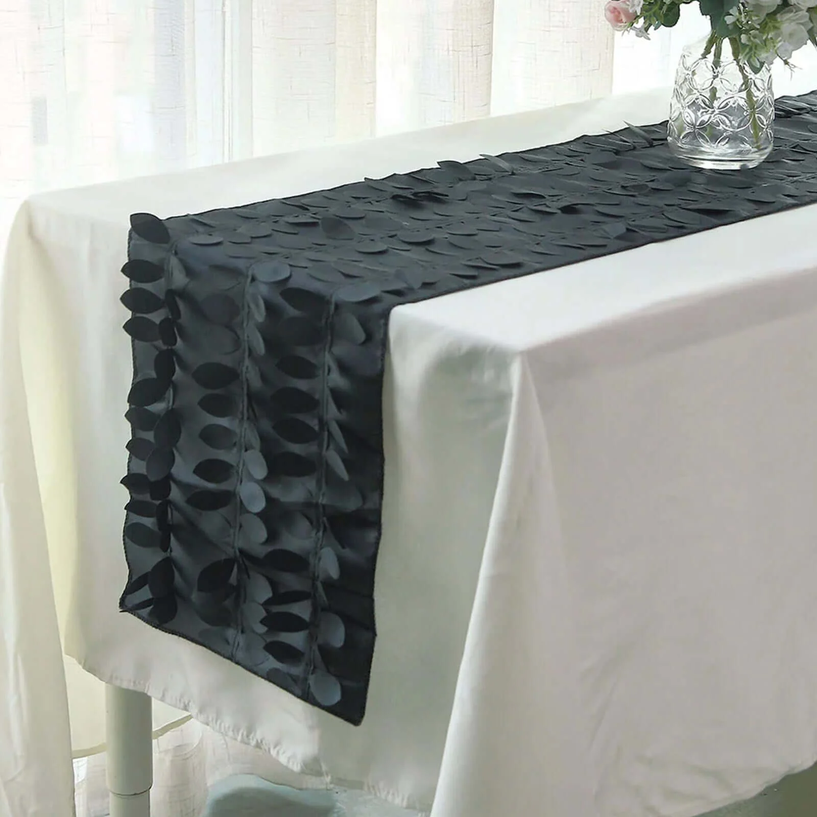 Taffeta Fabric Table Runner 12"x108" Black 3D Leaf Petal - Chic Wedding Decor