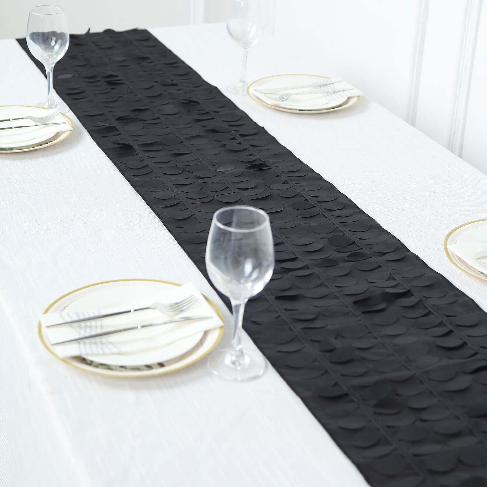 Taffeta Fabric Table Runner 12"x108" Black 3D Leaf Petal - Chic Wedding Decor - Image 2