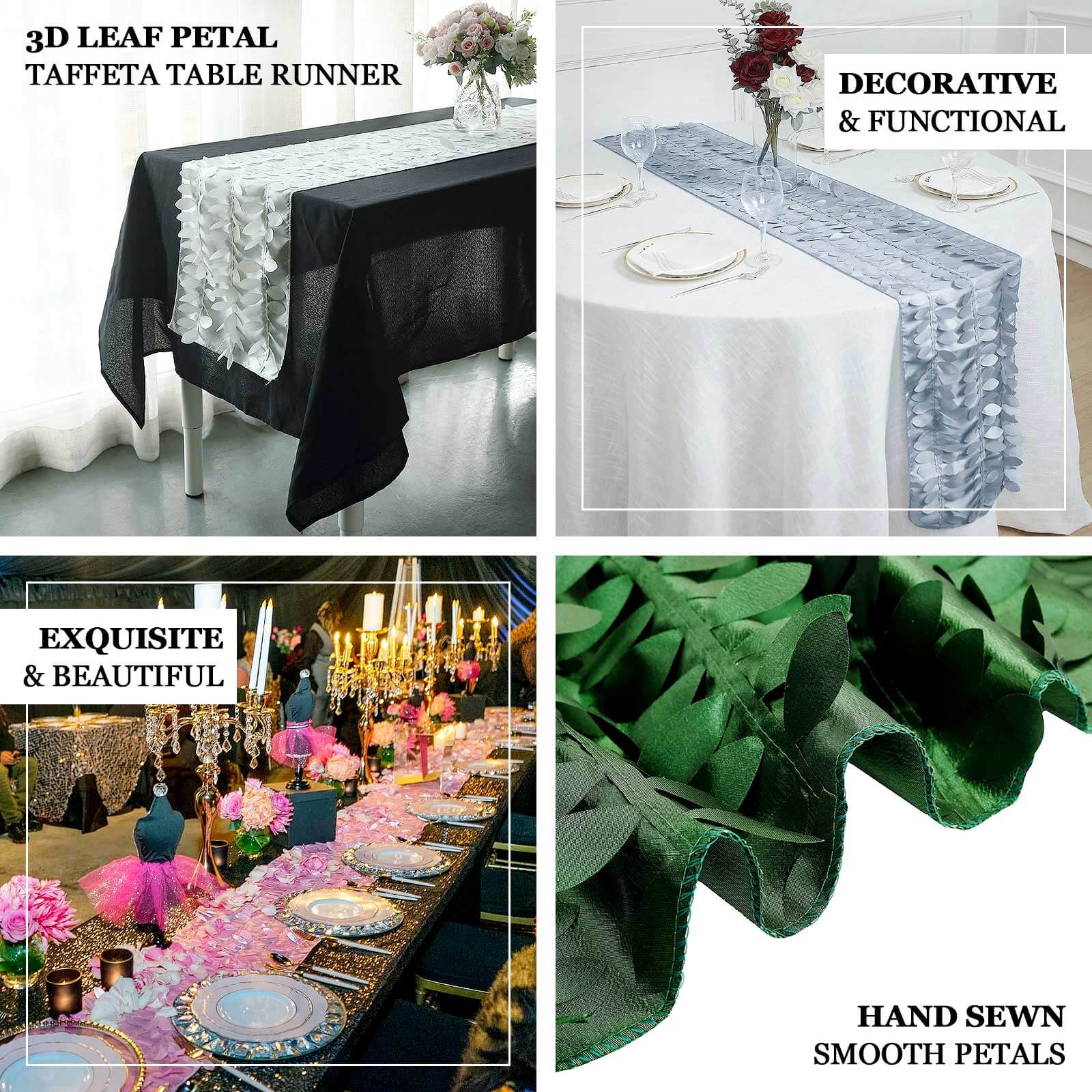 Taffeta Fabric Table Runner 12"x108" Black 3D Leaf Petal - Chic Wedding Decor - Image 4