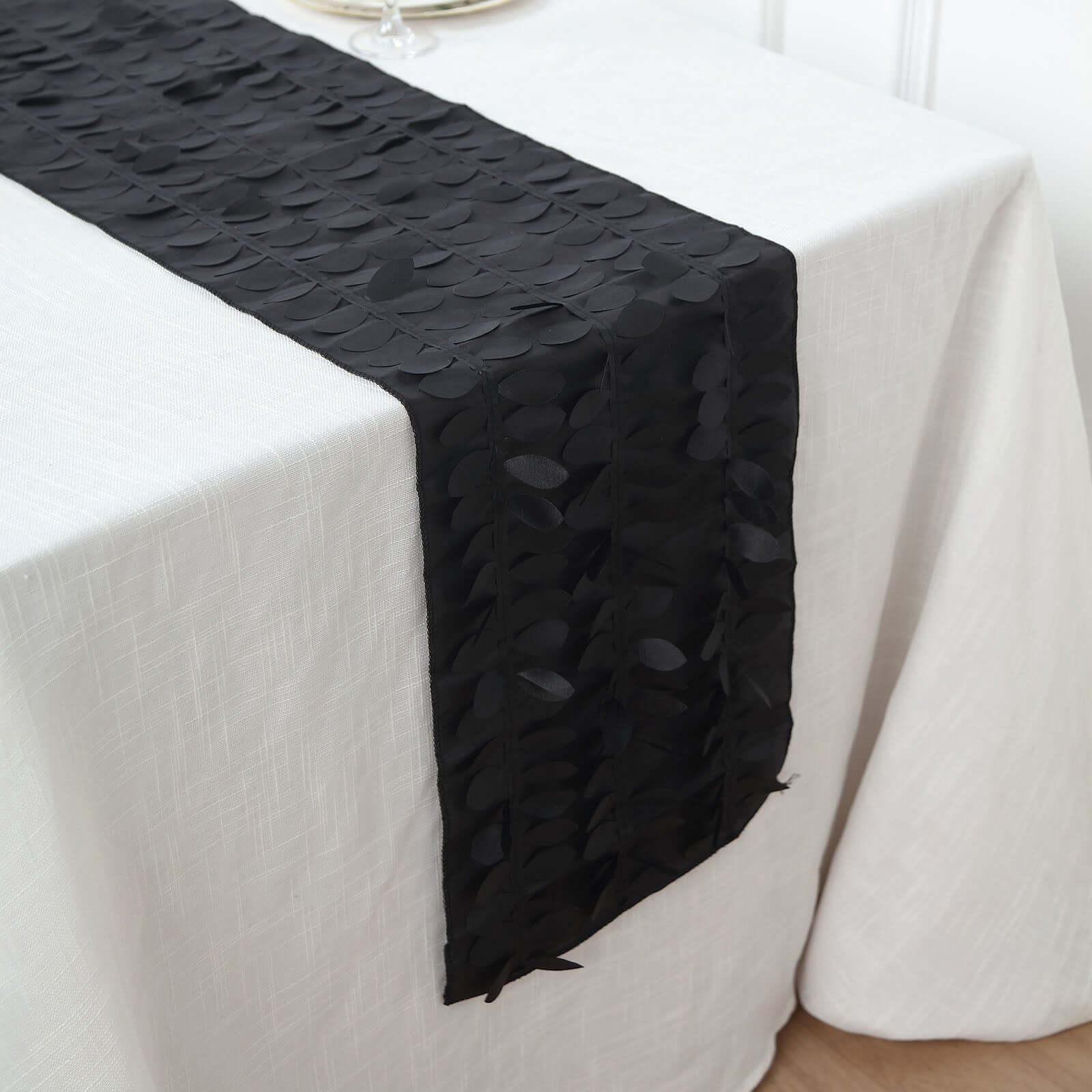 Taffeta Fabric Table Runner 12"x108" Black 3D Leaf Petal - Chic Wedding Decor - Image 6