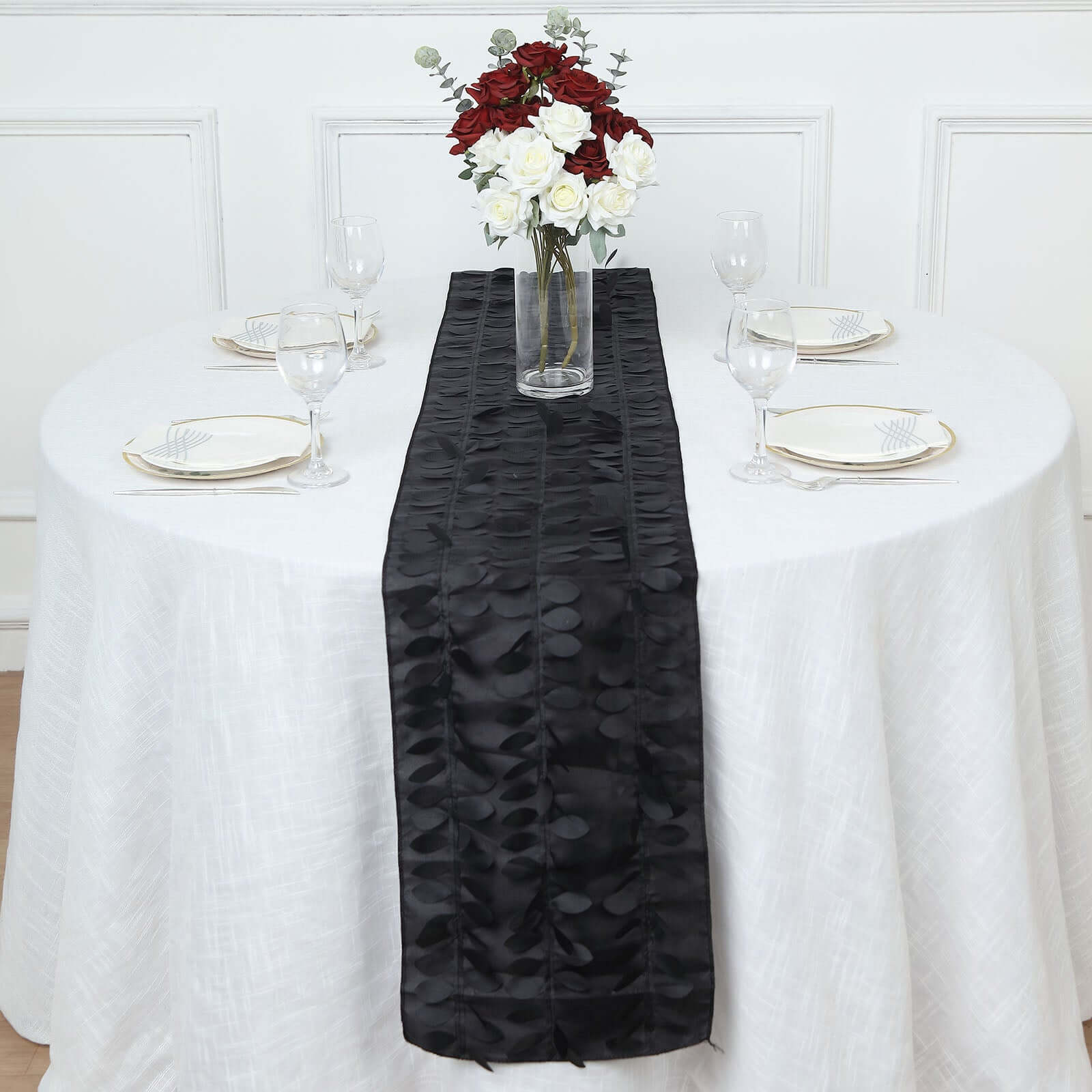 Taffeta Fabric Table Runner 12"x108" Black 3D Leaf Petal - Chic Wedding Decor - Image 7