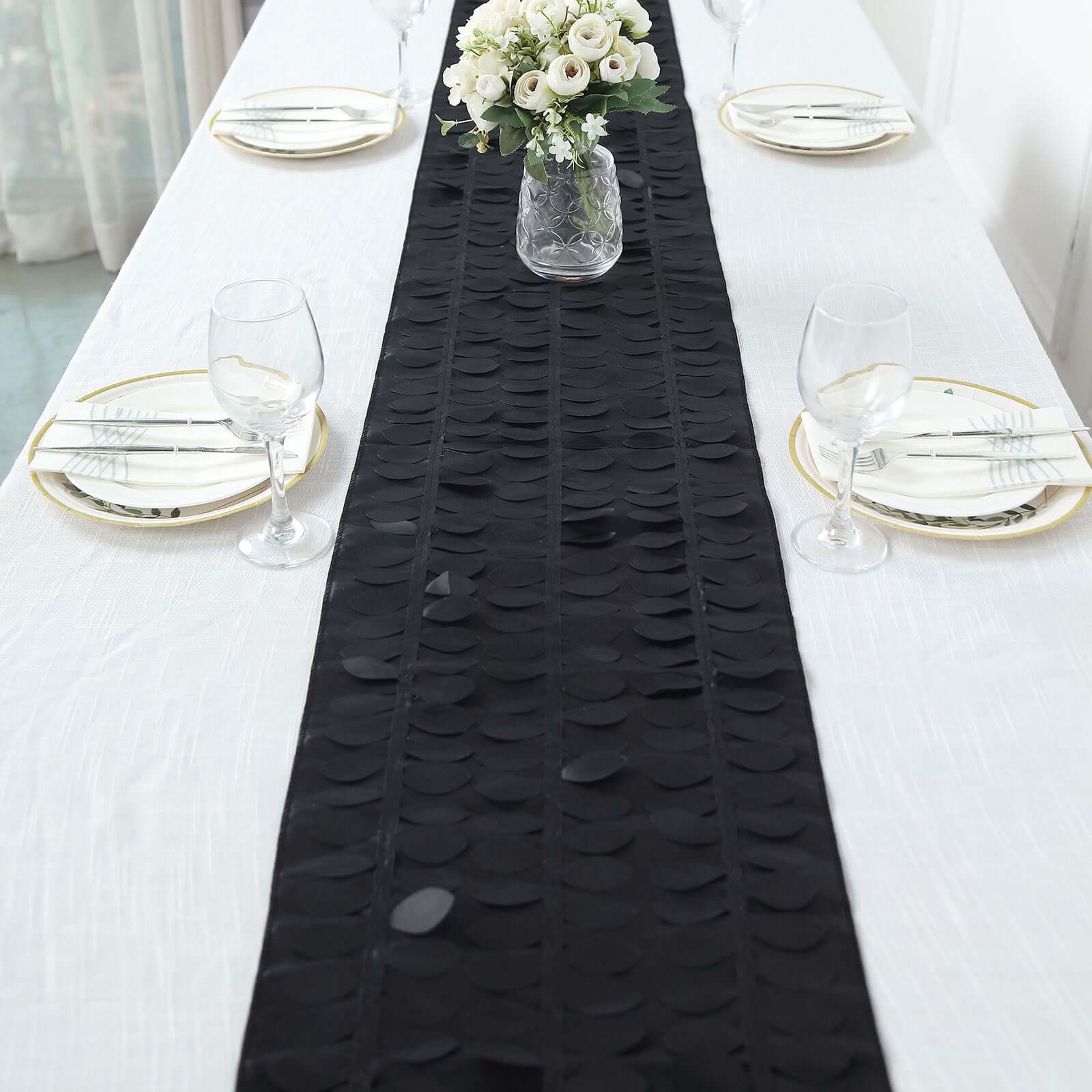 Taffeta Fabric Table Runner 12"x108" Black 3D Leaf Petal - Chic Wedding Decor - Image 9
