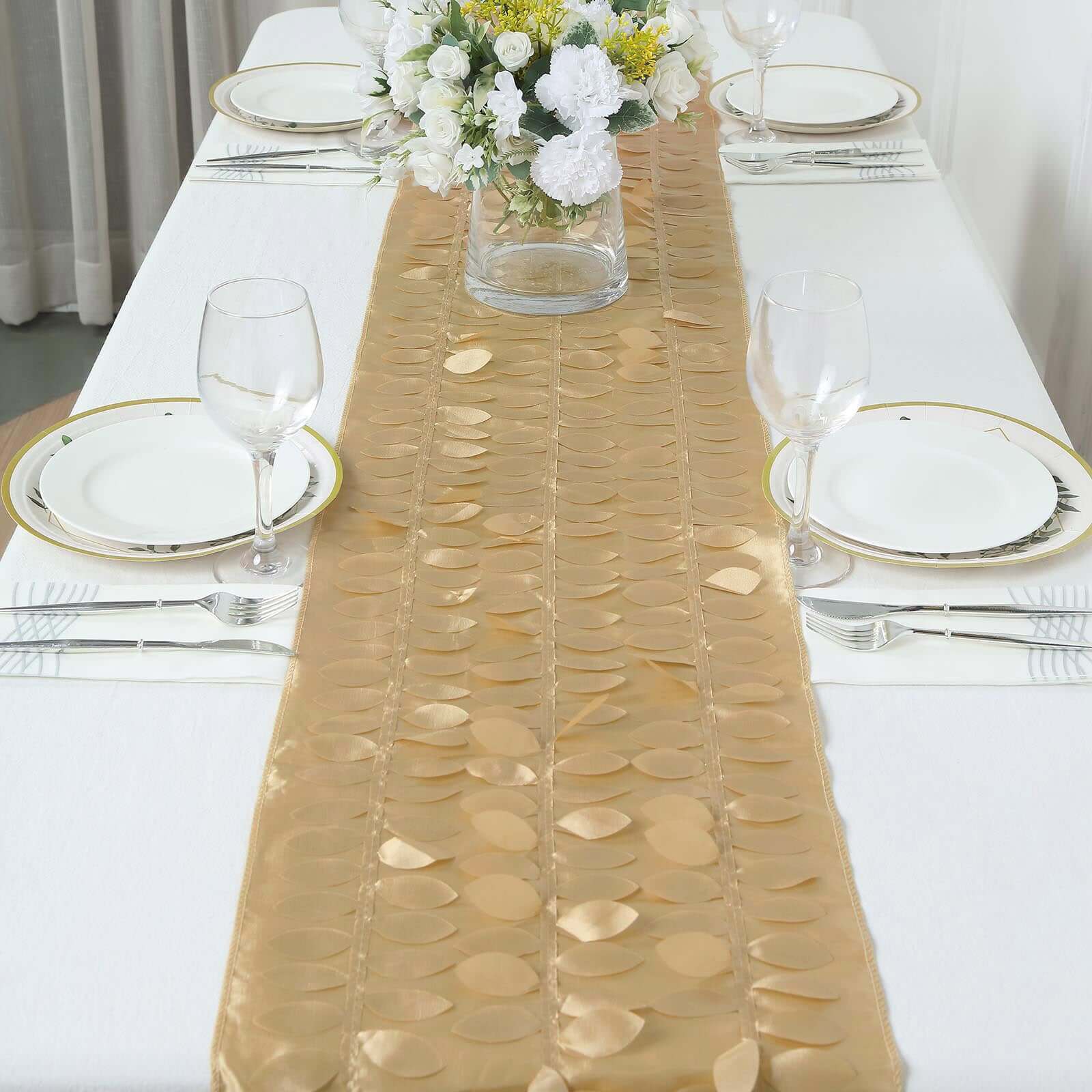 Taffeta Fabric Table Runner 12"x108" Champagne - 3D Leaf Petal Table Decor - Image 2
