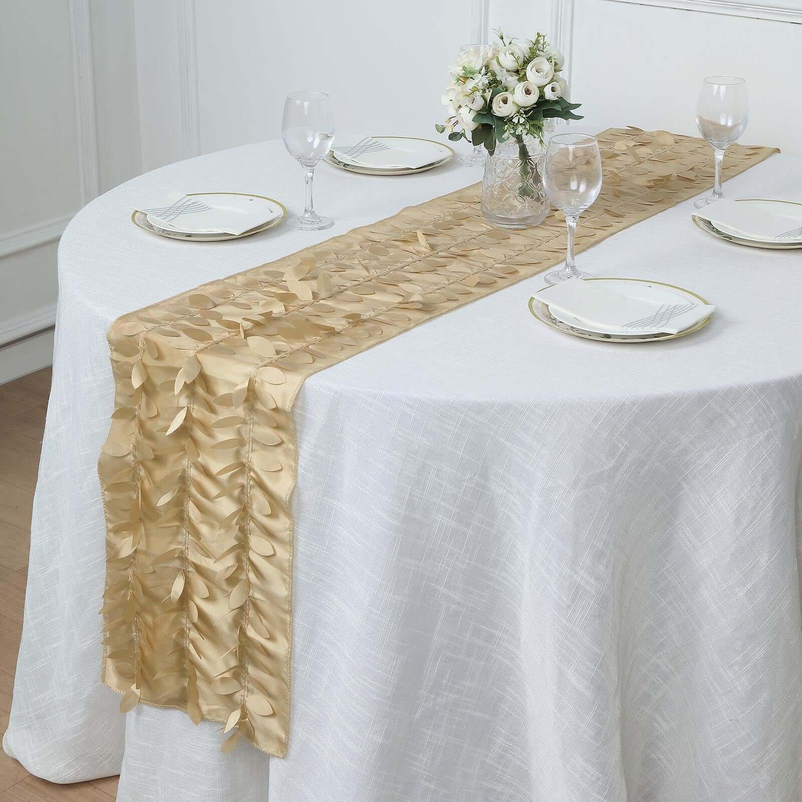 Taffeta Fabric Table Runner 12"x108" Champagne - 3D Leaf Petal Table Decor - Image 6