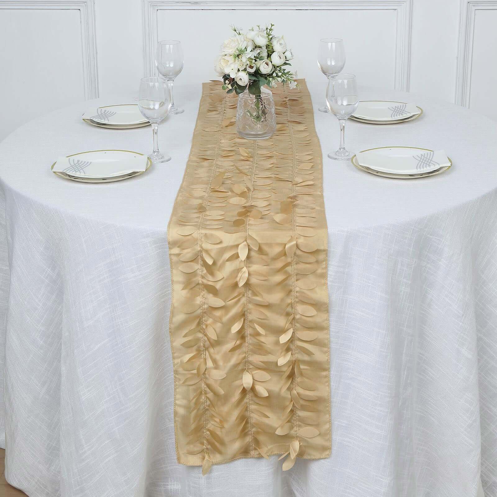 Taffeta Fabric Table Runner 12"x108" Champagne - 3D Leaf Petal Table Decor - Image 7