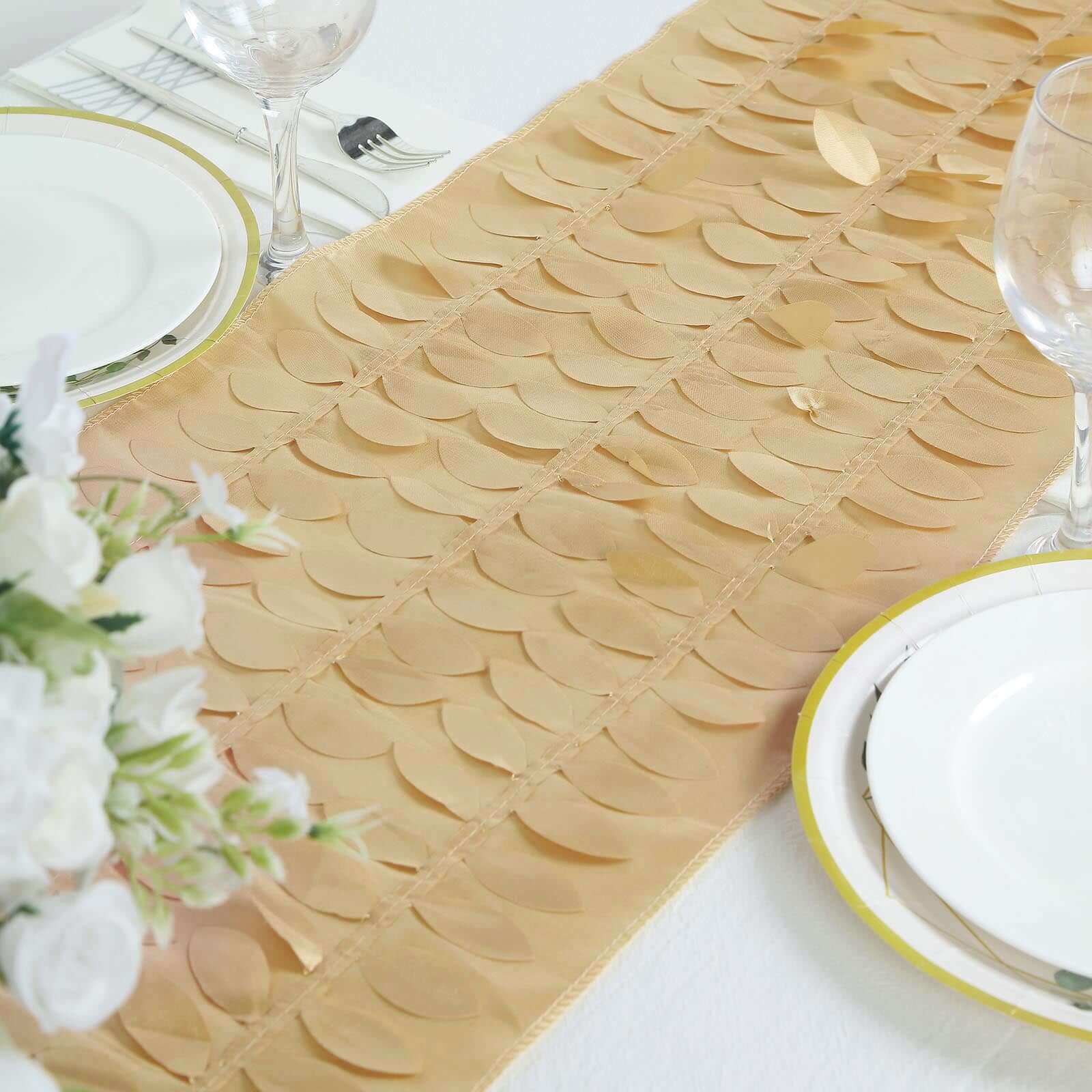 Taffeta Fabric Table Runner 12"x108" Champagne - 3D Leaf Petal Table Decor - Image 9