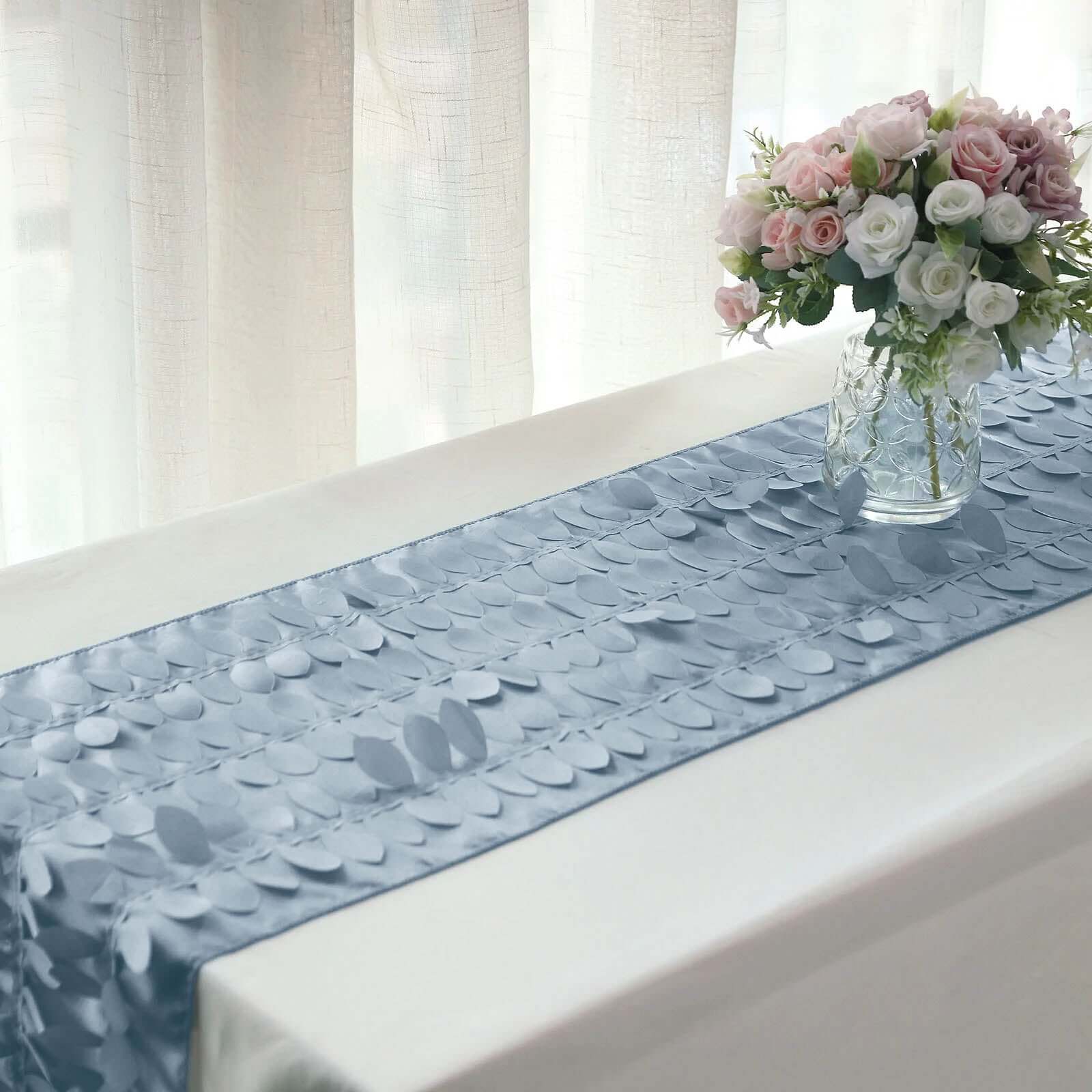 Taffeta Fabric Table Runner 12"x108" Dusty Blue - 3D Leaf Petal Table Decor - Image 10