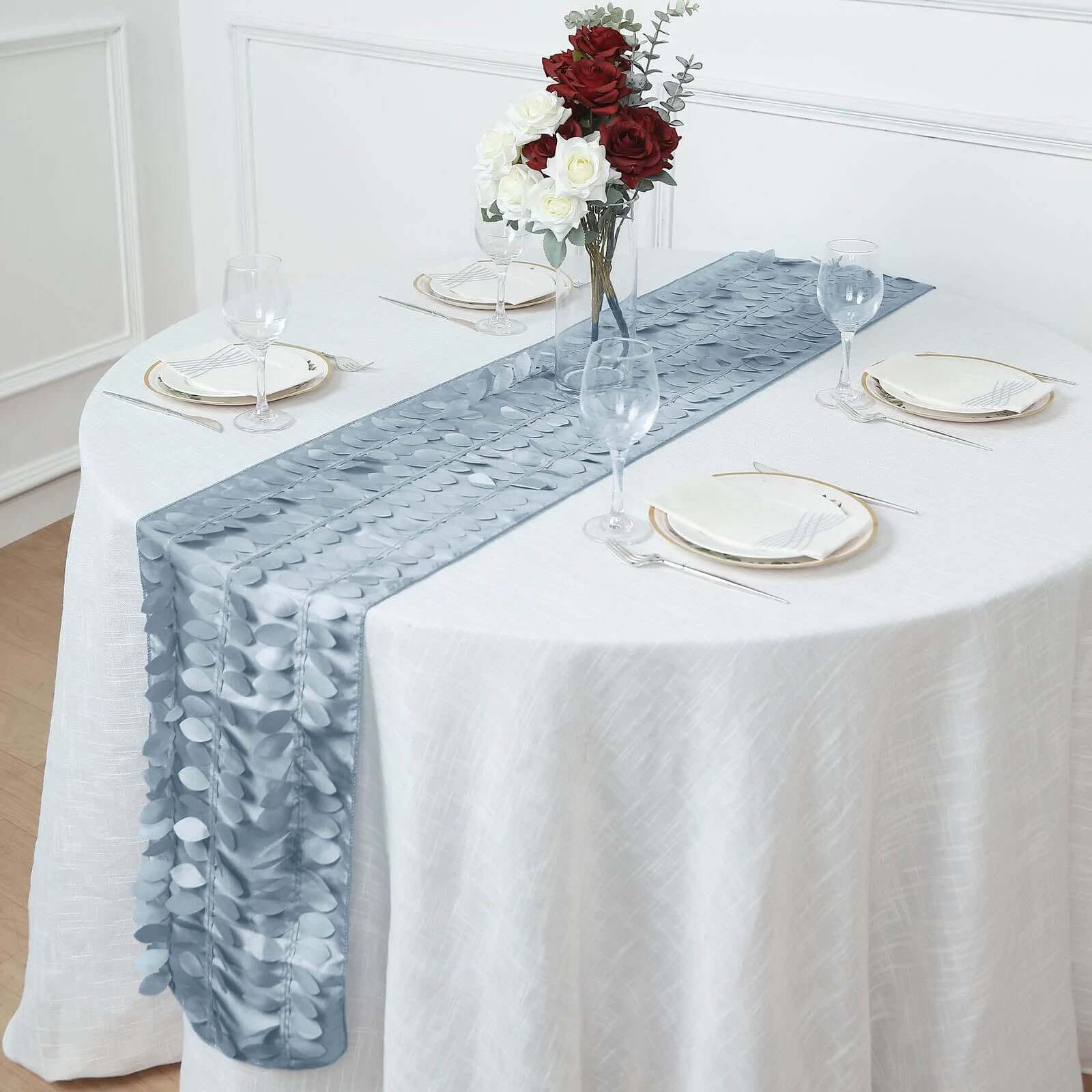Taffeta Fabric Table Runner 12"x108" Dusty Blue - 3D Leaf Petal Table Decor - Image 11