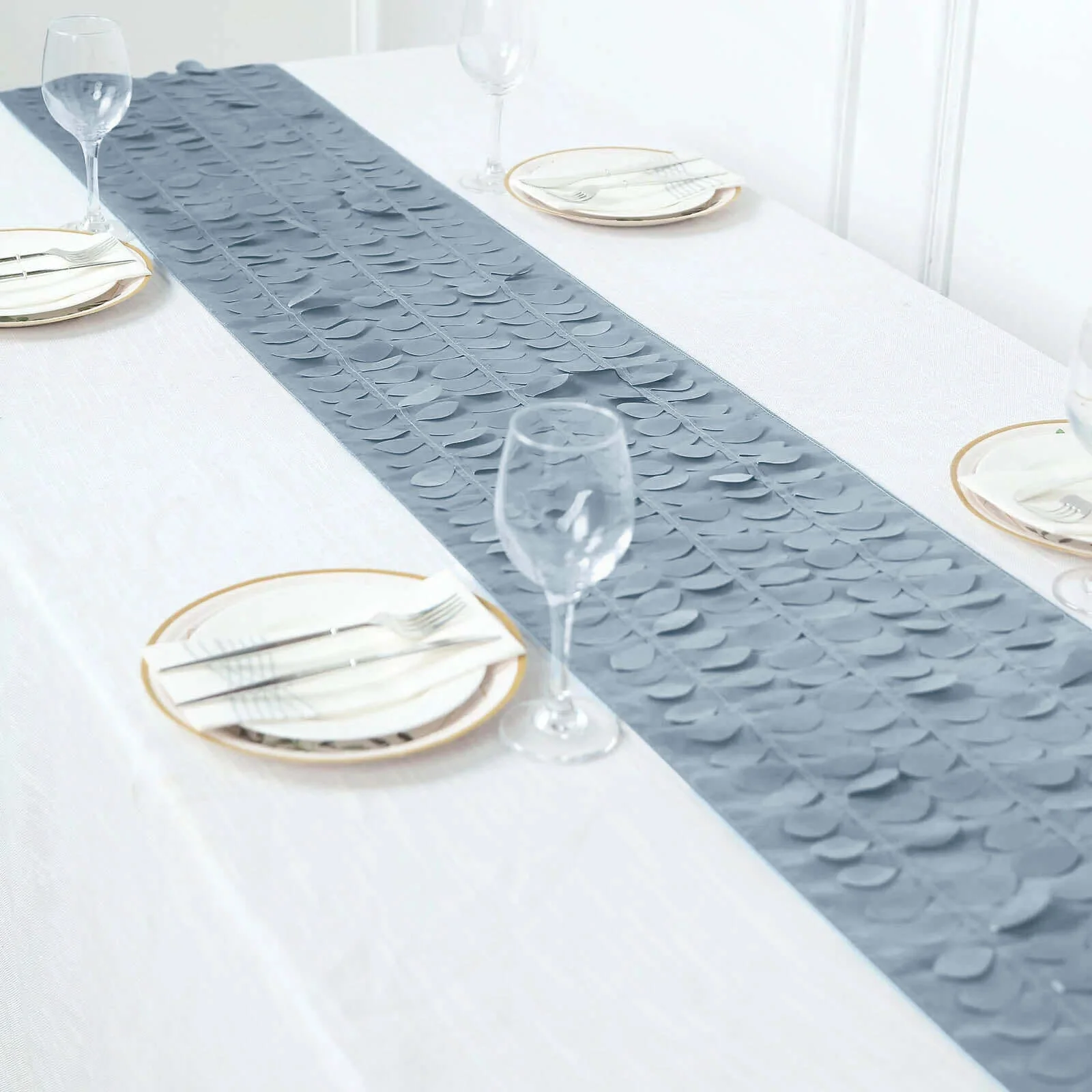 Taffeta Fabric Table Runner 12"x108" Dusty Blue - 3D Leaf Petal Table Decor - Image 2