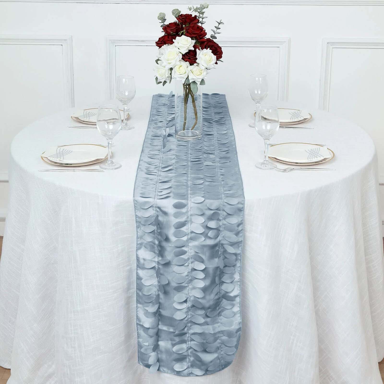 Taffeta Fabric Table Runner 12"x108" Dusty Blue - 3D Leaf Petal Table Decor - Image 6