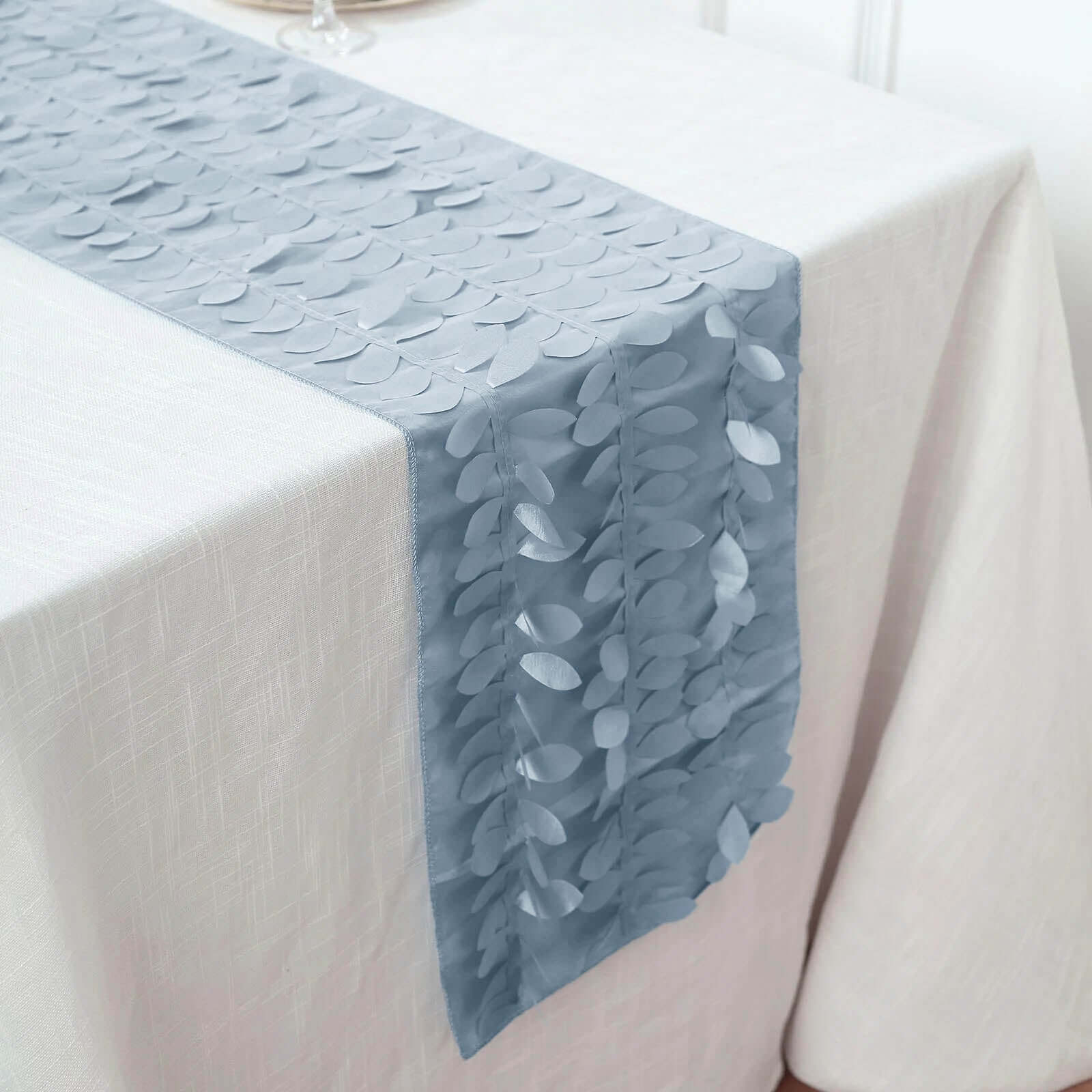 Taffeta Fabric Table Runner 12"x108" Dusty Blue - 3D Leaf Petal Table Decor - Image 7