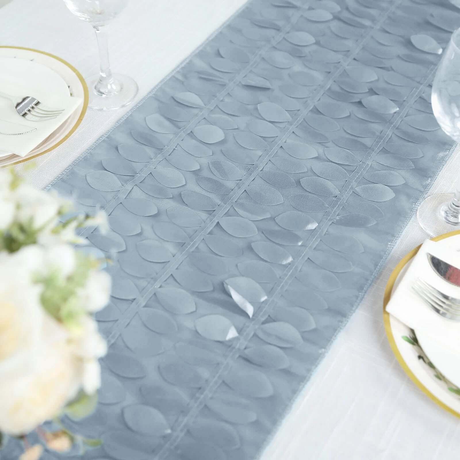 Taffeta Fabric Table Runner 12"x108" Dusty Blue - 3D Leaf Petal Table Decor - Image 8
