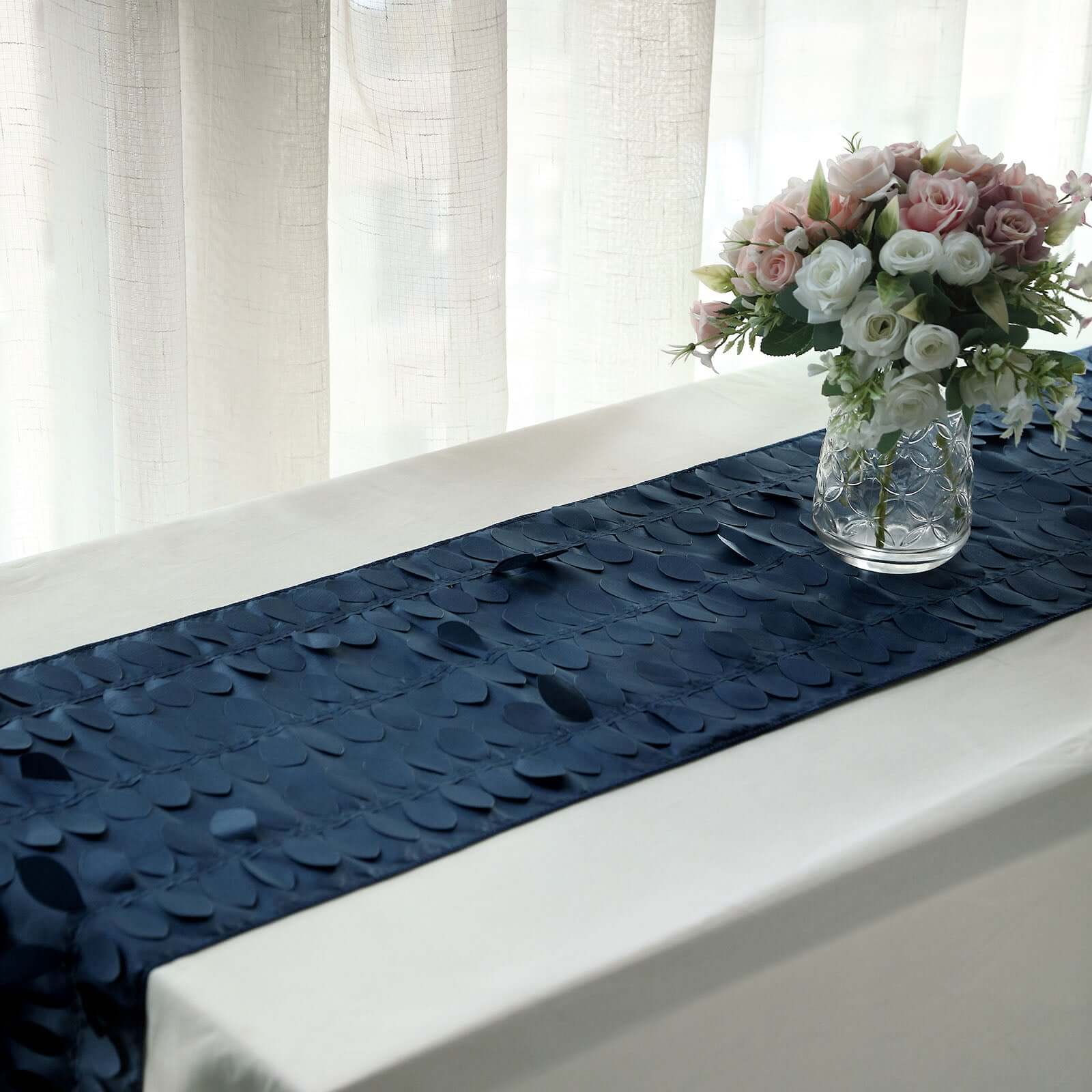 Taffeta Fabric Table Runner 12"x108" Navy Blue - 3D Leaf Petal Table Decor - Image 10