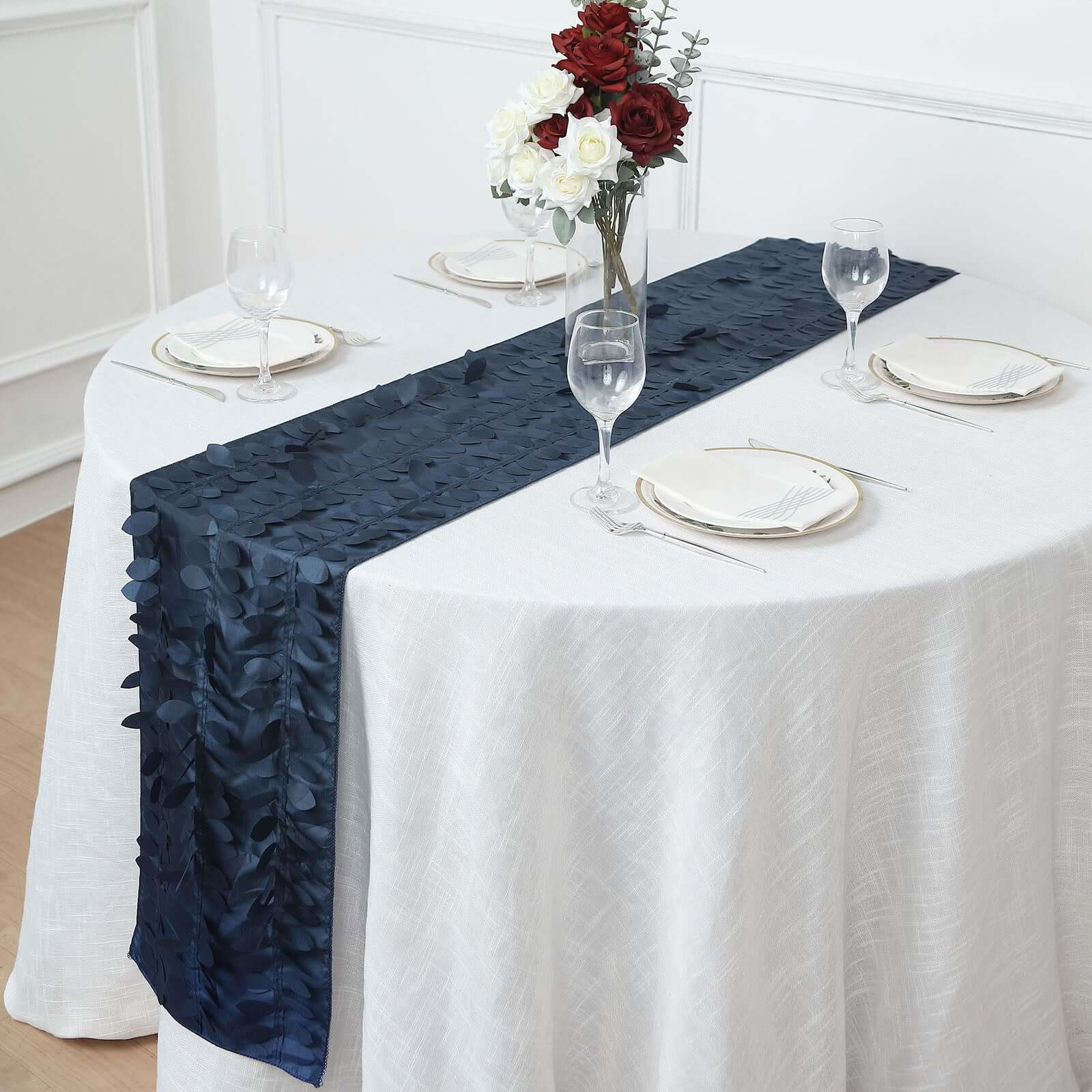 Taffeta Fabric Table Runner 12"x108" Navy Blue - 3D Leaf Petal Table Decor - Image 11