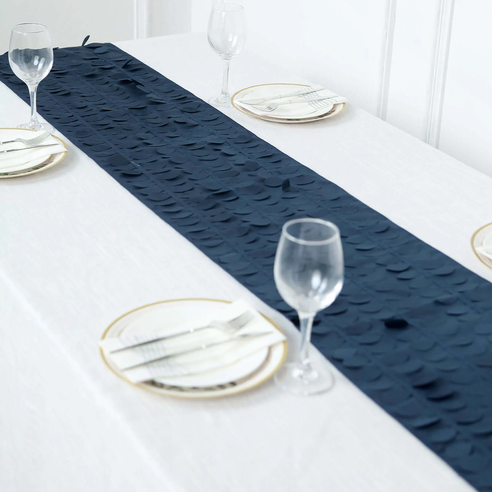 Taffeta Fabric Table Runner 12"x108" Navy Blue - 3D Leaf Petal Table Decor - Image 2