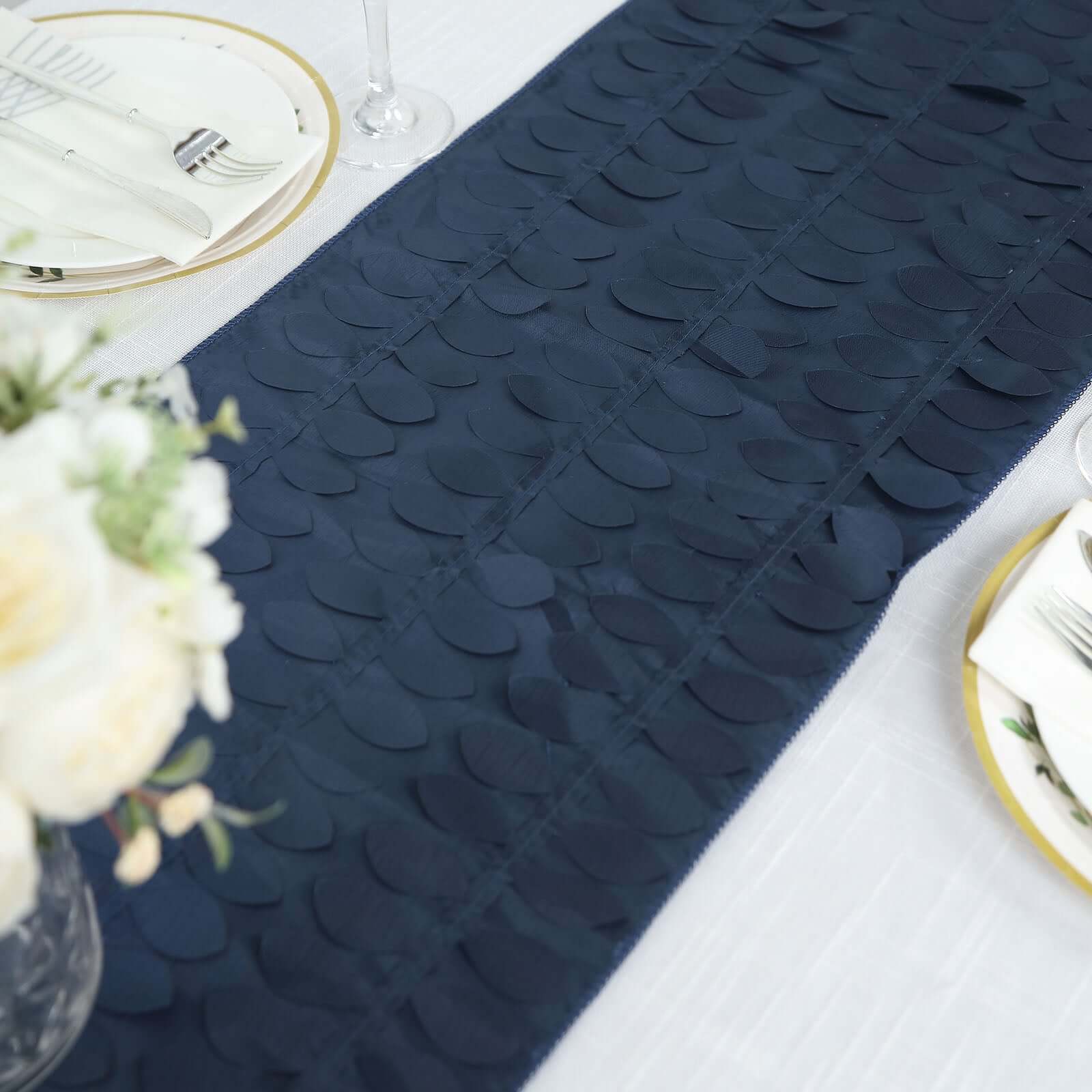 Taffeta Fabric Table Runner 12"x108" Navy Blue - 3D Leaf Petal Table Decor - Image 8