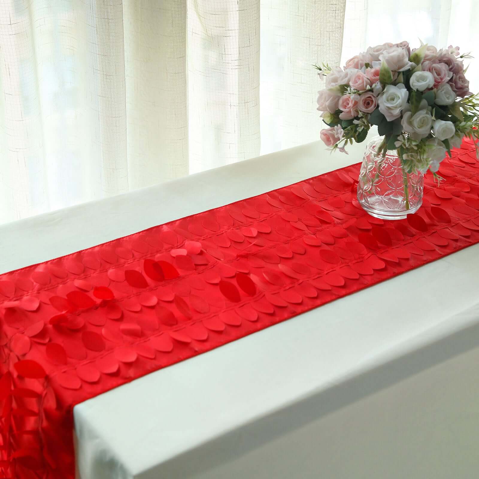 Taffeta Fabric Table Runner 12"x108" Red - 3D Leaf Petal Table Decor - Image 9