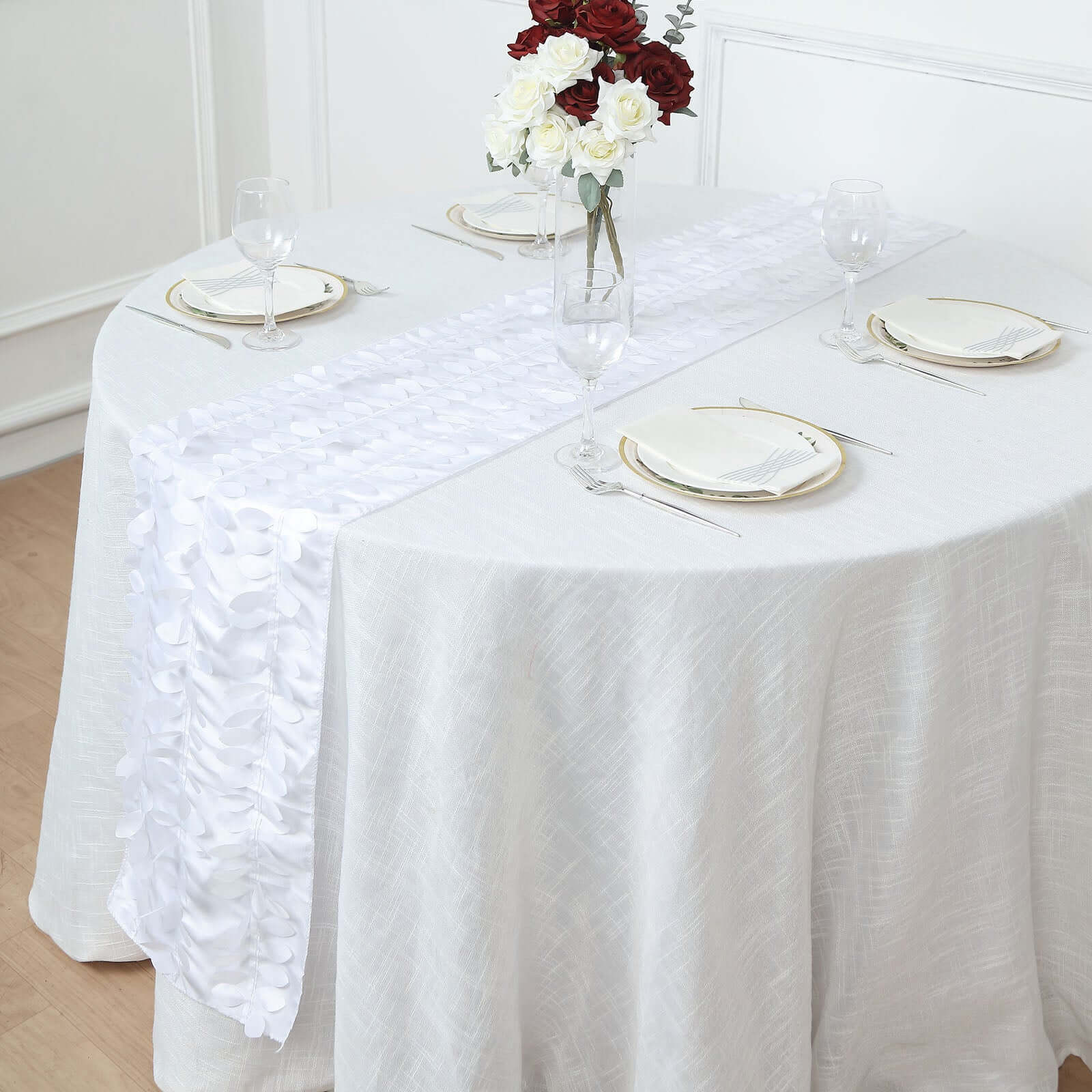 Taffeta Fabric Table Runner 12"x108" White 3D Leaf Petal - Chic Wedding Decor - Image 10