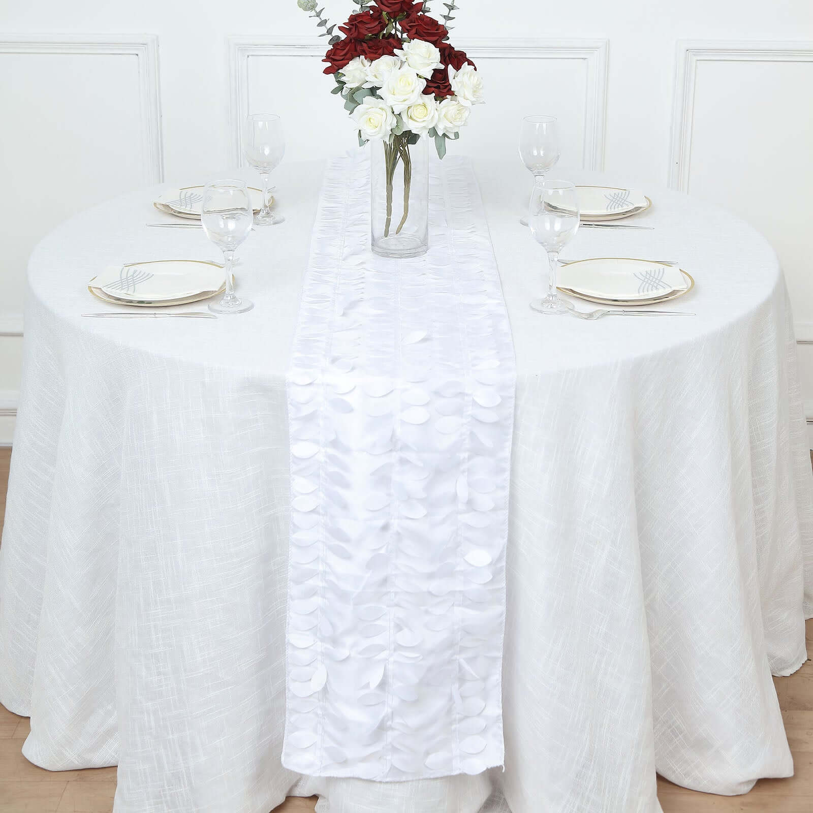 Taffeta Fabric Table Runner 12"x108" White 3D Leaf Petal - Chic Wedding Decor - Image 6