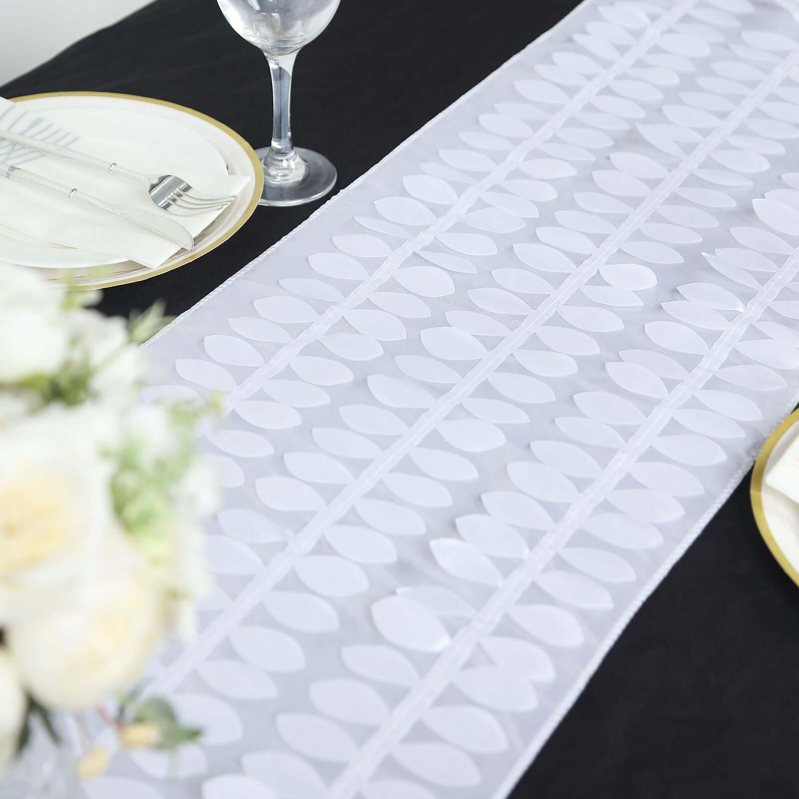 Taffeta Fabric Table Runner 12"x108" White 3D Leaf Petal - Chic Wedding Decor - Image 7
