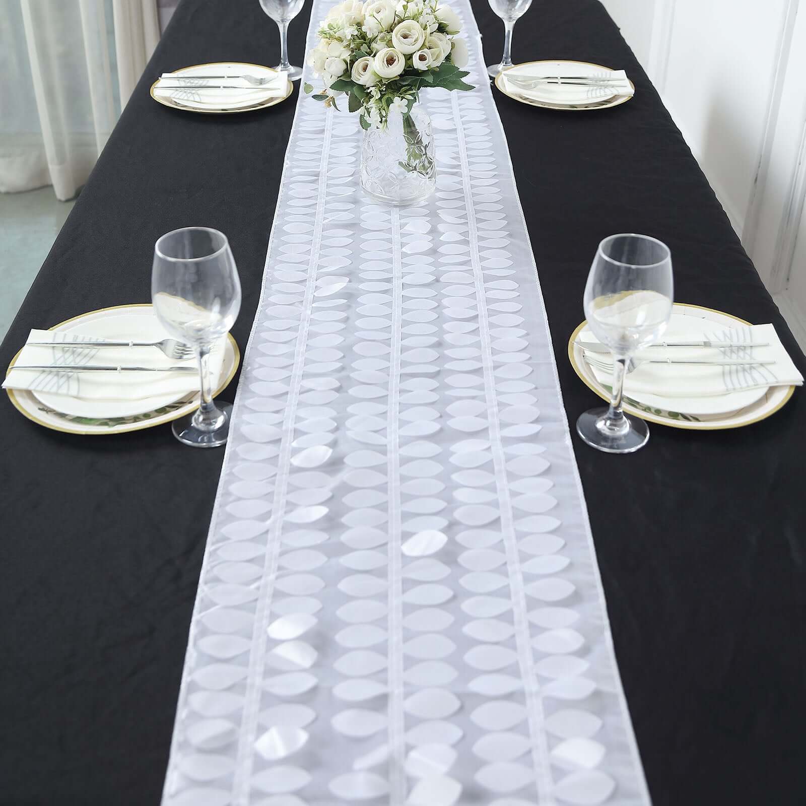 Taffeta Fabric Table Runner 12"x108" White 3D Leaf Petal - Chic Wedding Decor - Image 8