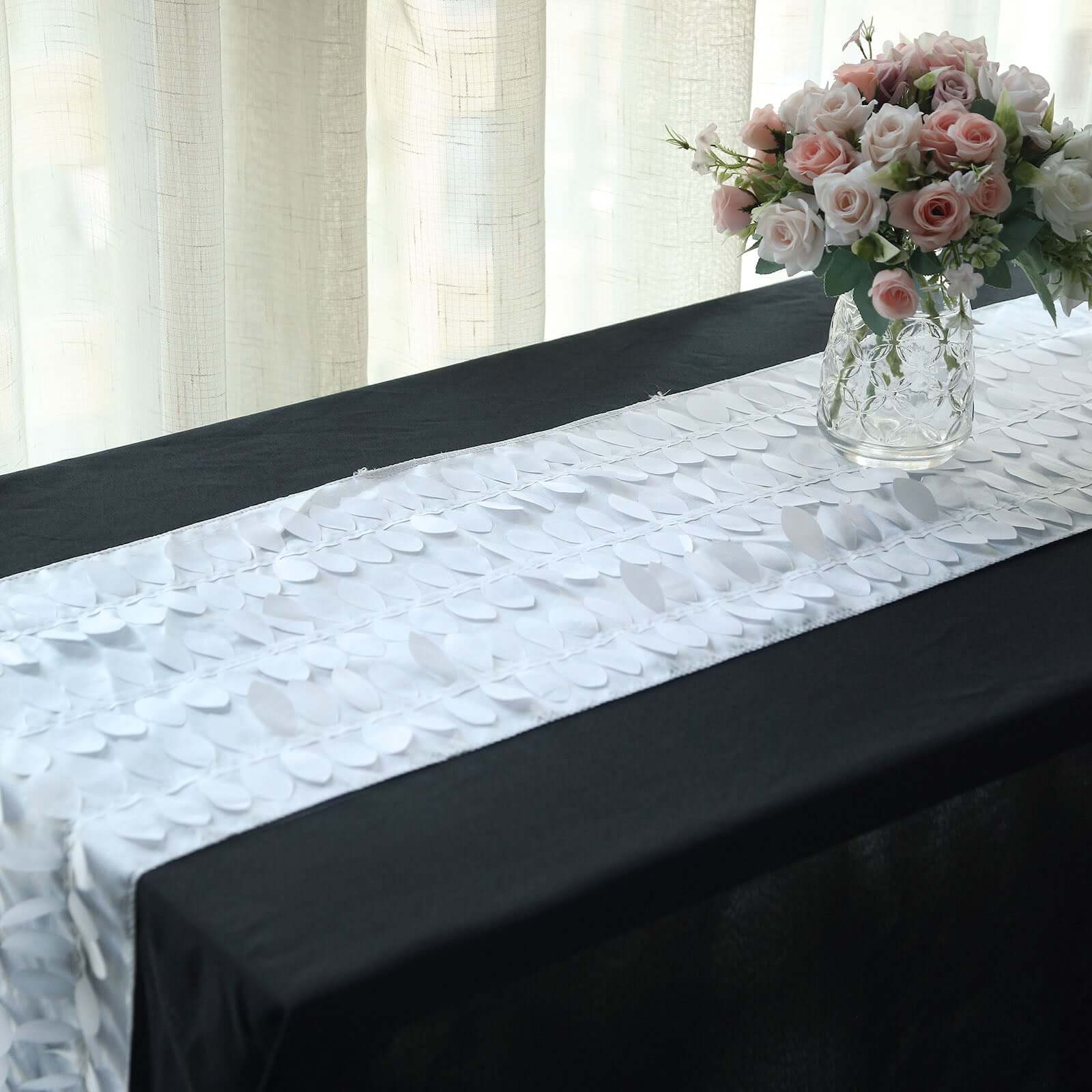 Taffeta Fabric Table Runner 12"x108" White 3D Leaf Petal - Chic Wedding Decor - Image 9
