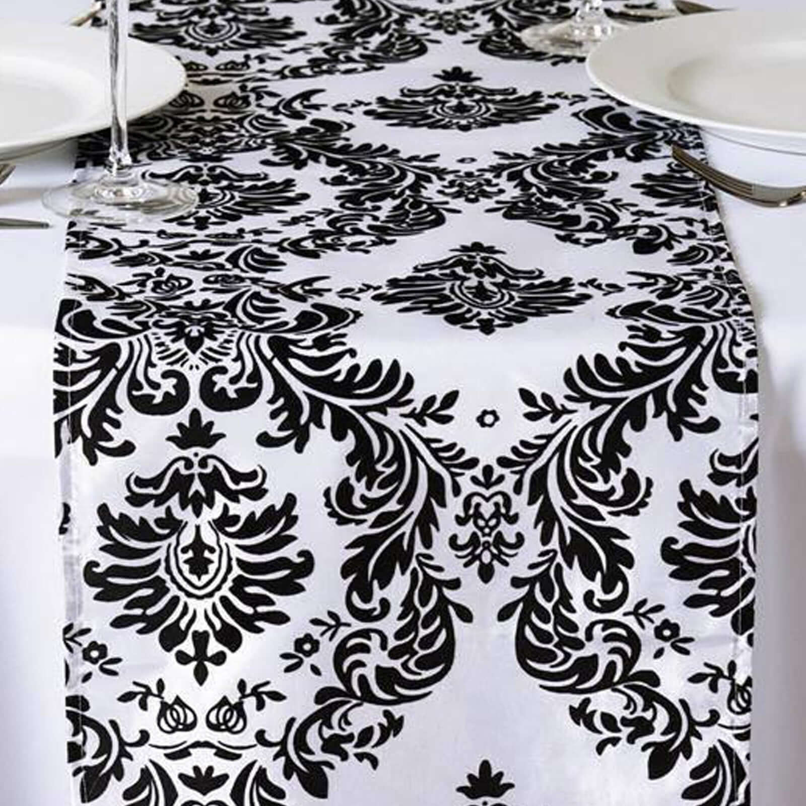Taffeta Flocking Table Runner 12"x108" Black Damask - Sophisticated & Textured Table Decor for Events - Image 2