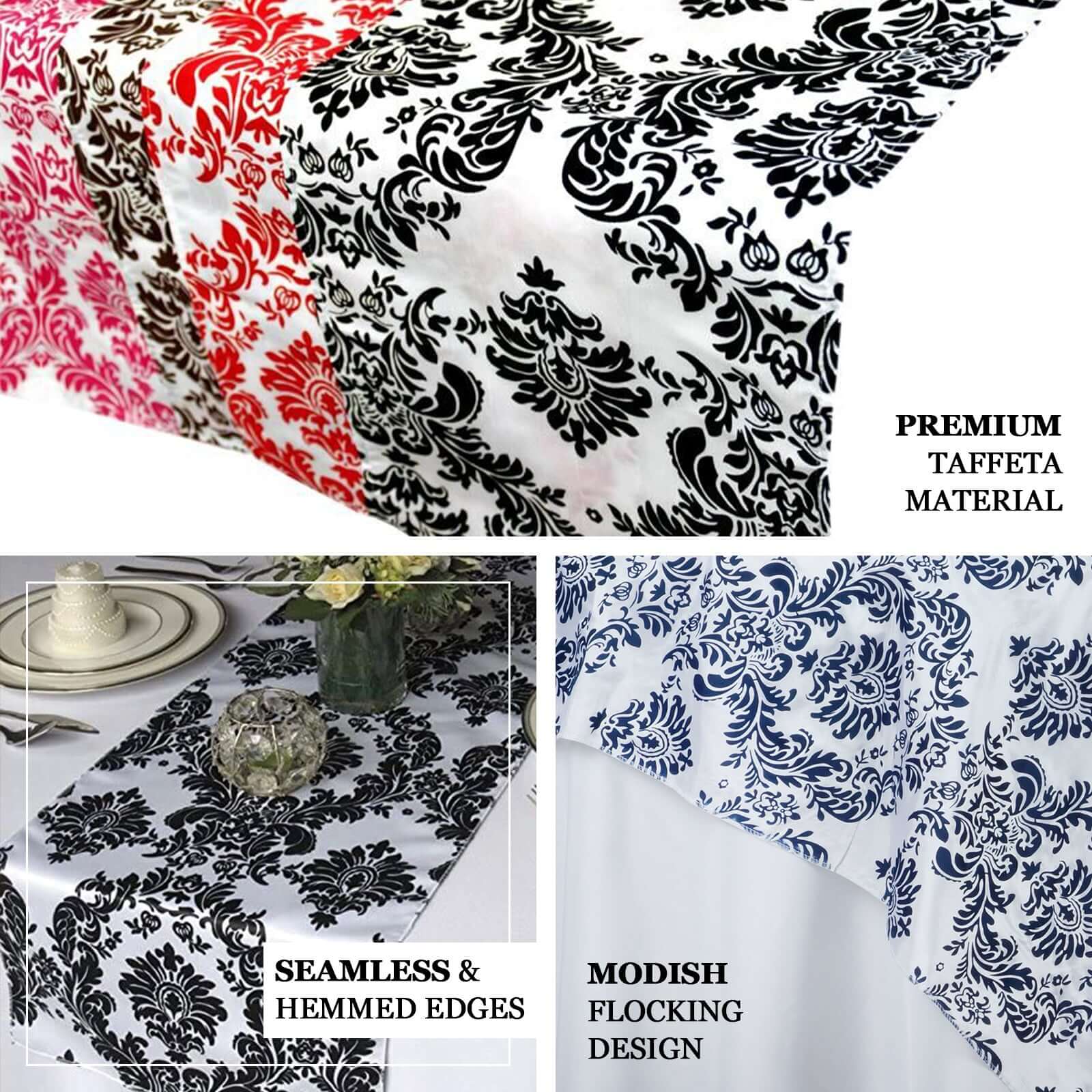 Taffeta Flocking Table Runner 12"x108" Black Damask - Sophisticated & Textured Table Decor for Events - Image 3