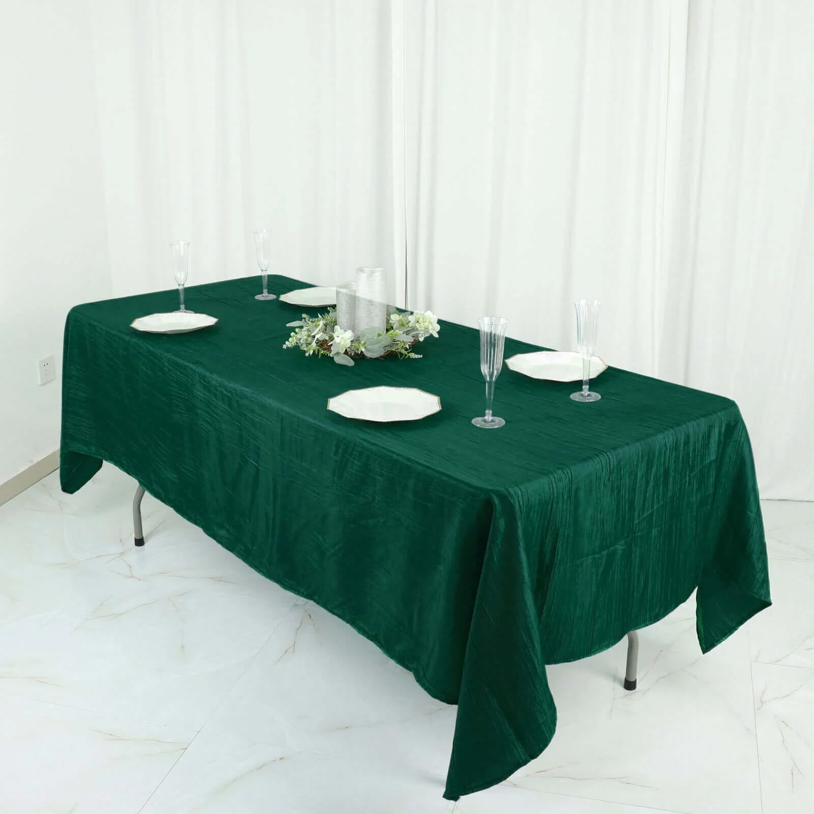 Taffeta Rectangle Tablecloth 60"x102" Hunter Emerald Green Accordion Crinkle Table Cover - Image 3