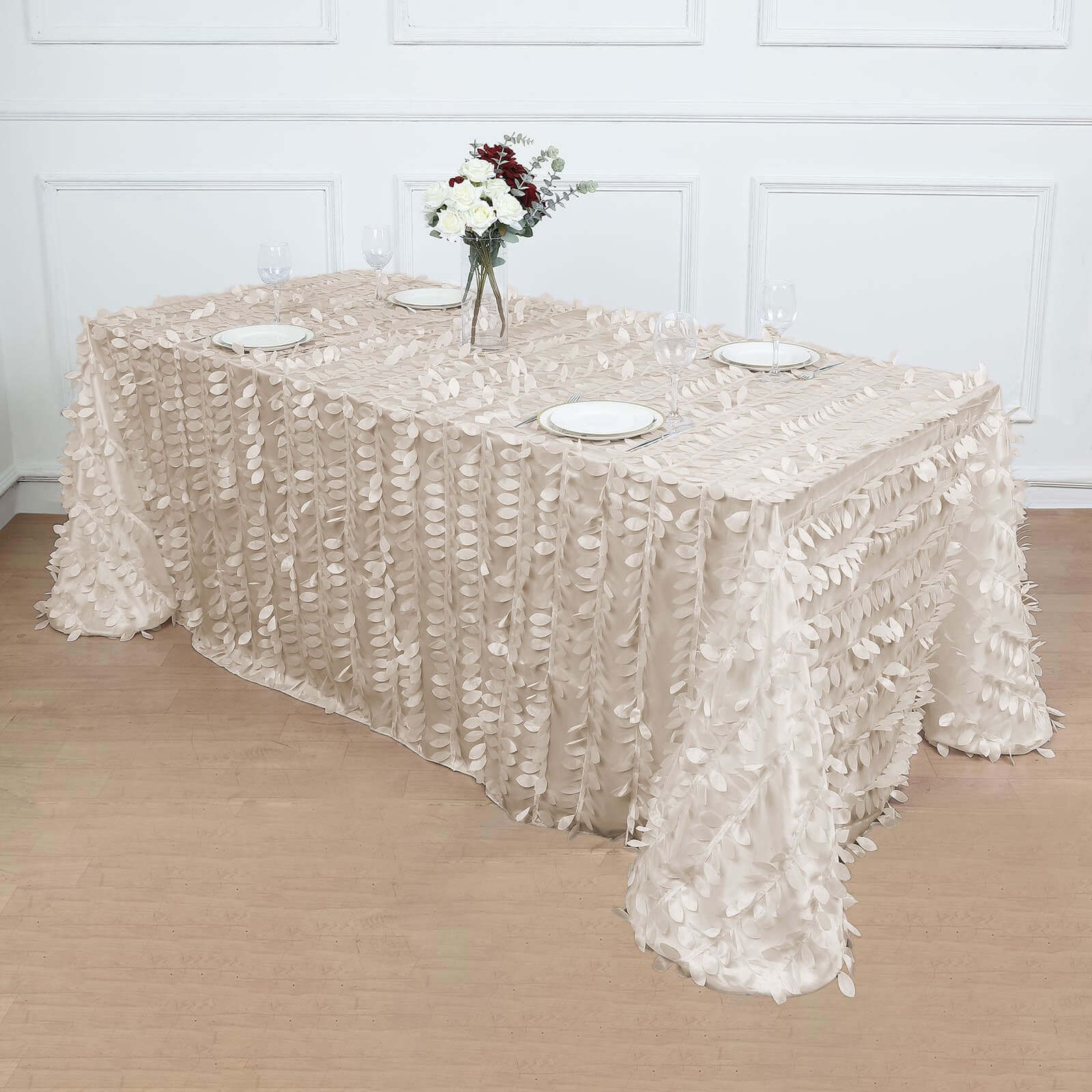 Taffeta Rectangle Tablecloth 90"x132" Beige - 3D Leaf Petal Seamless Table Cover - Image 8