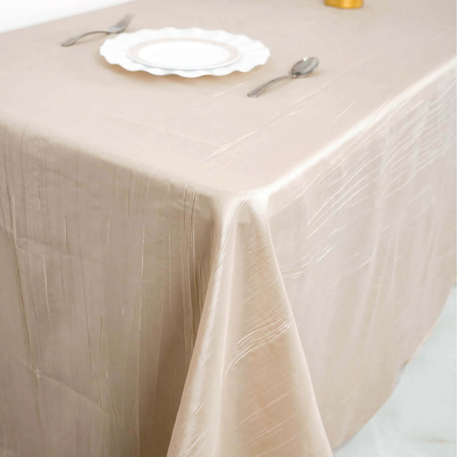 Taffeta Rectangle Tablecloth 90"x132" Beige with Accordion Crinkle Design - Seamless Finish - Image 3