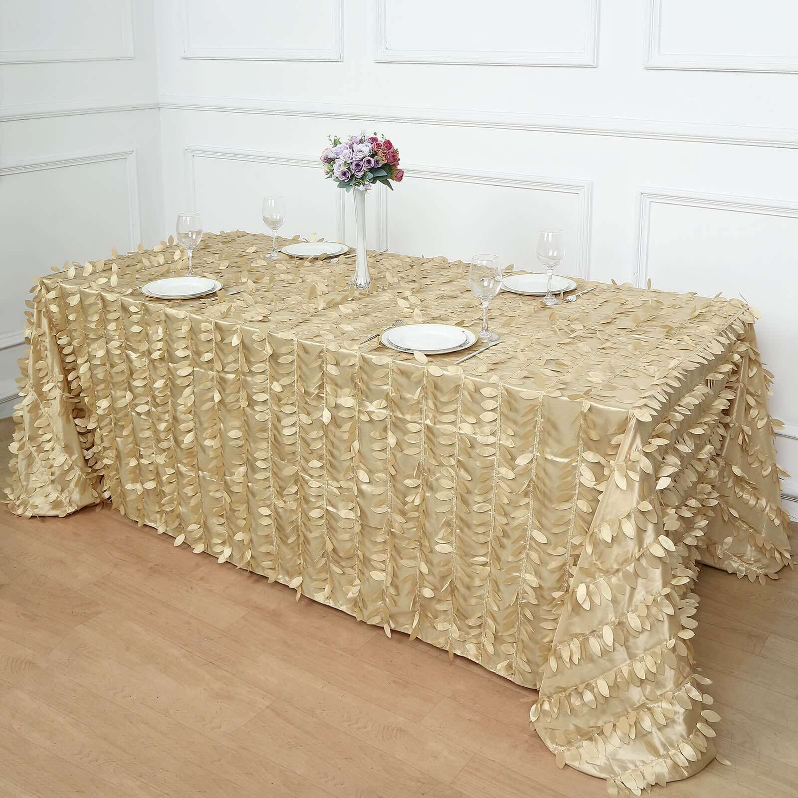 Taffeta Rectangle Tablecloth 90"x132" Champagne - 3D Leaf Petal Seamless Table Cover - Image 2