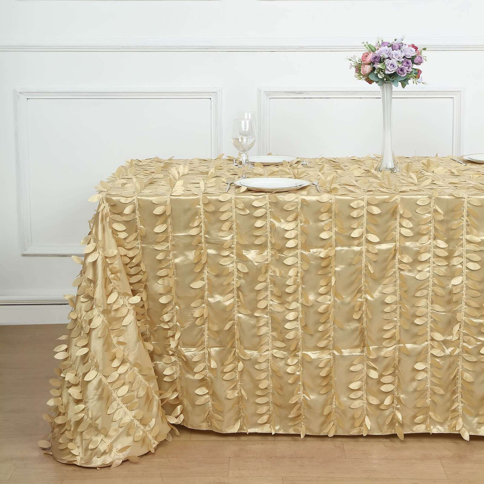 Taffeta Rectangle Tablecloth 90"x132" Champagne - 3D Leaf Petal Seamless Table Cover - Image 3