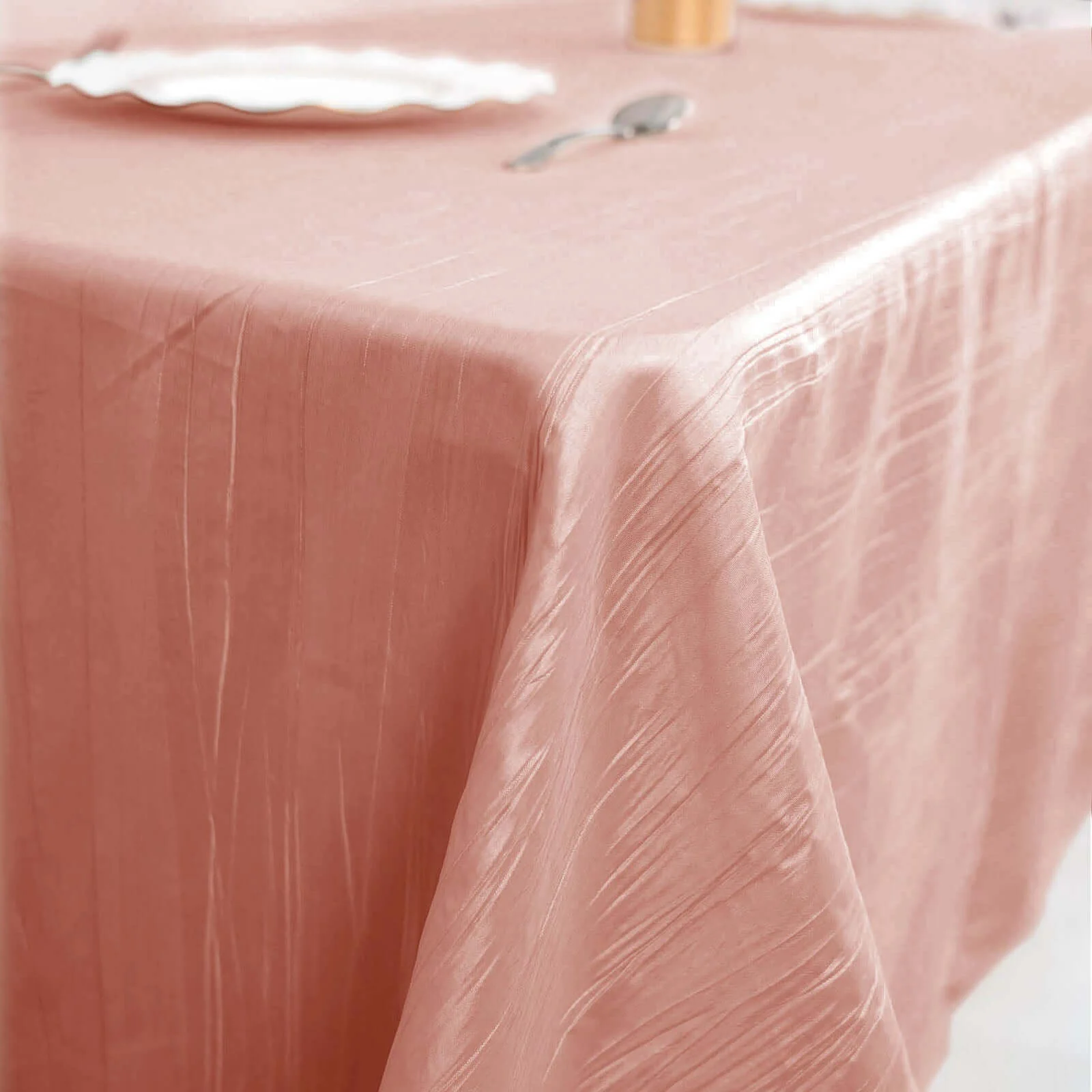 Taffeta Rectangle Tablecloth 90"x132" Dusty Rose with Accordion Crinkle Design - Seamless Finish - Image 3