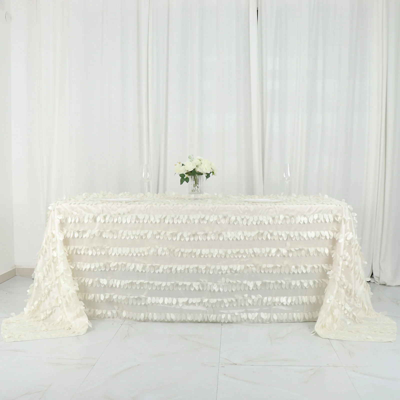 Taffeta Rectangle Tablecloth 90"x132" Ivory - 3D Leaf Petal Seamless Table Cover
