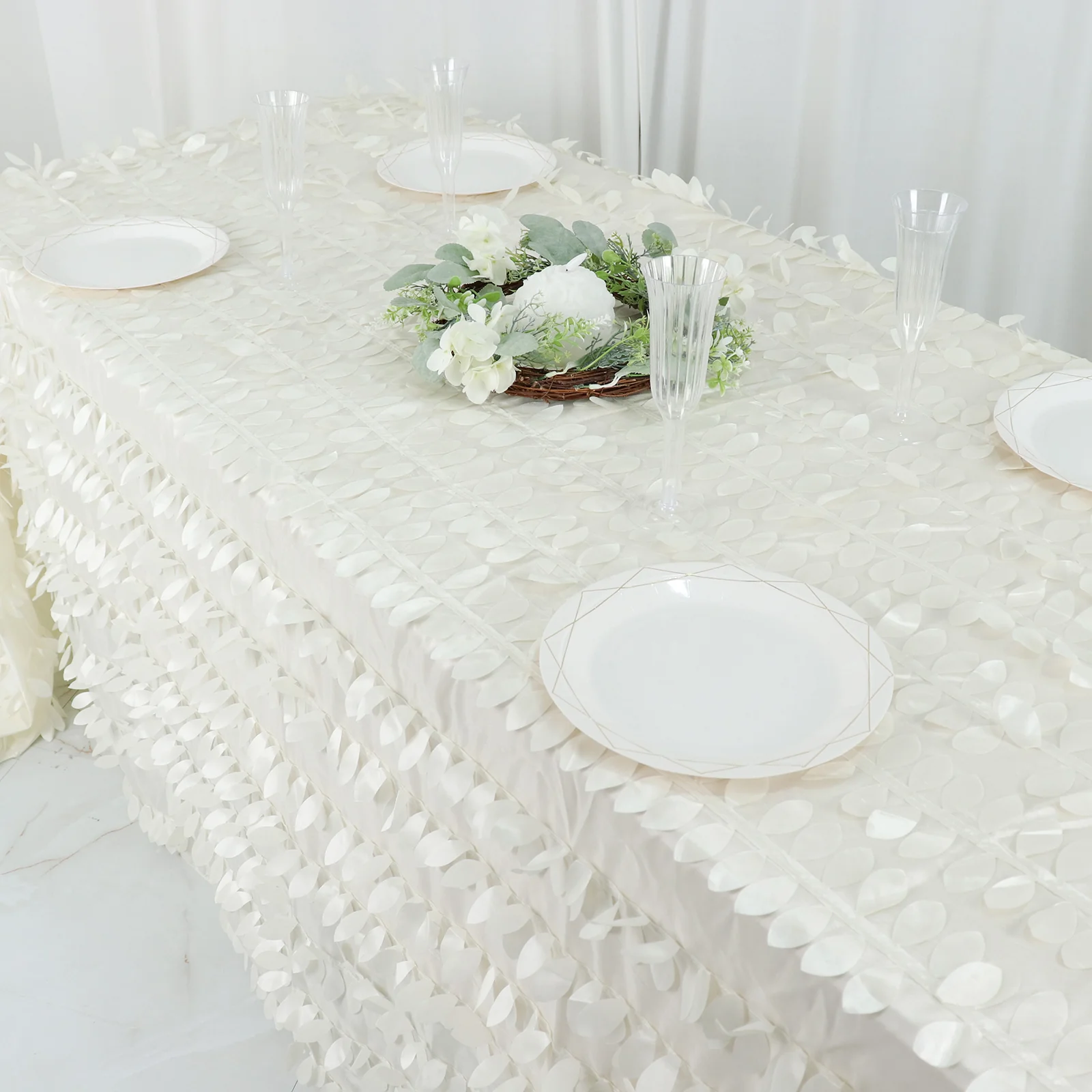 Taffeta Rectangle Tablecloth 90"x132" Ivory - 3D Leaf Petal Seamless Table Cover - Image 3