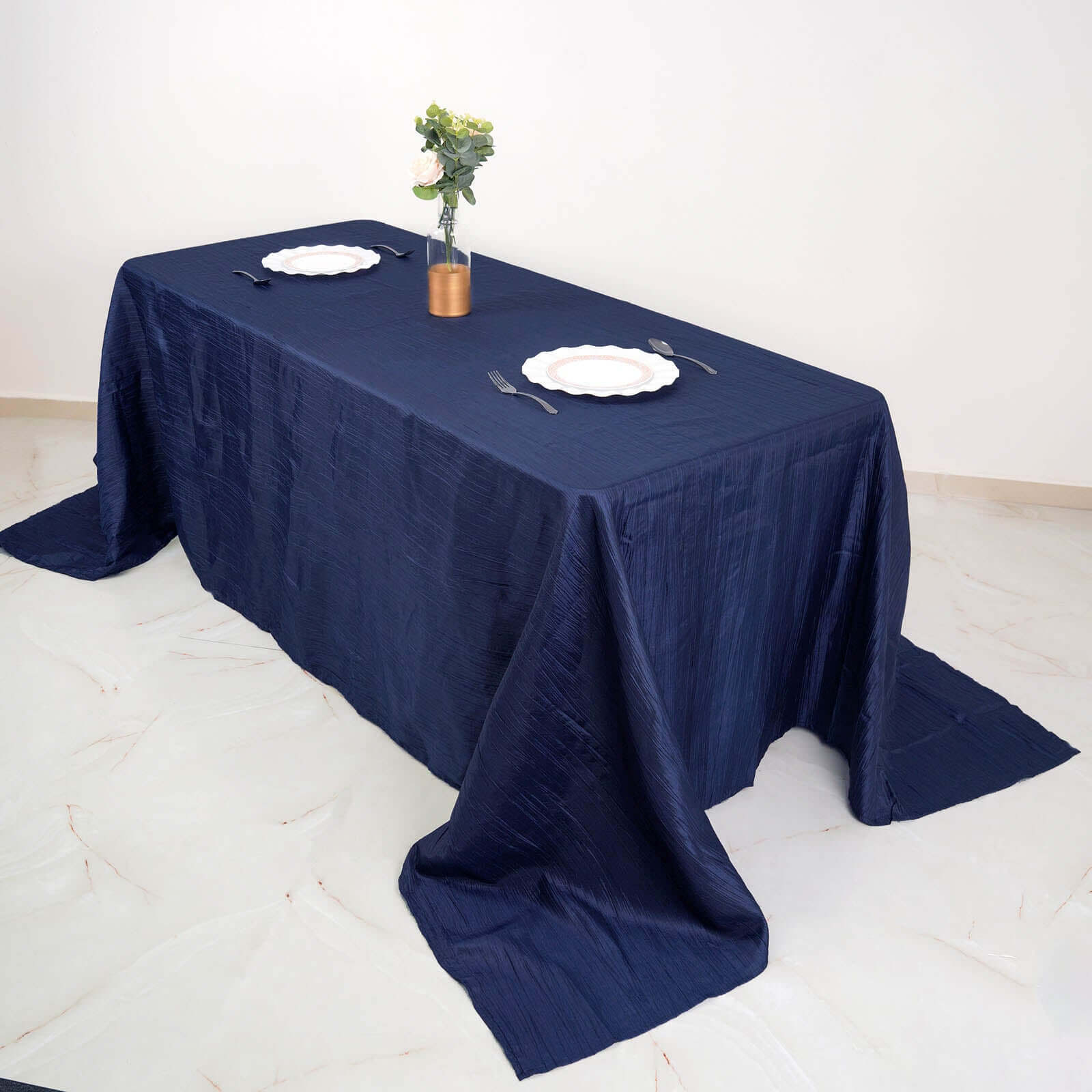 Taffeta Rectangle Tablecloth 90"x132" Navy Blue with Accordion Crinkle Design - Seamless Finish - Image 7