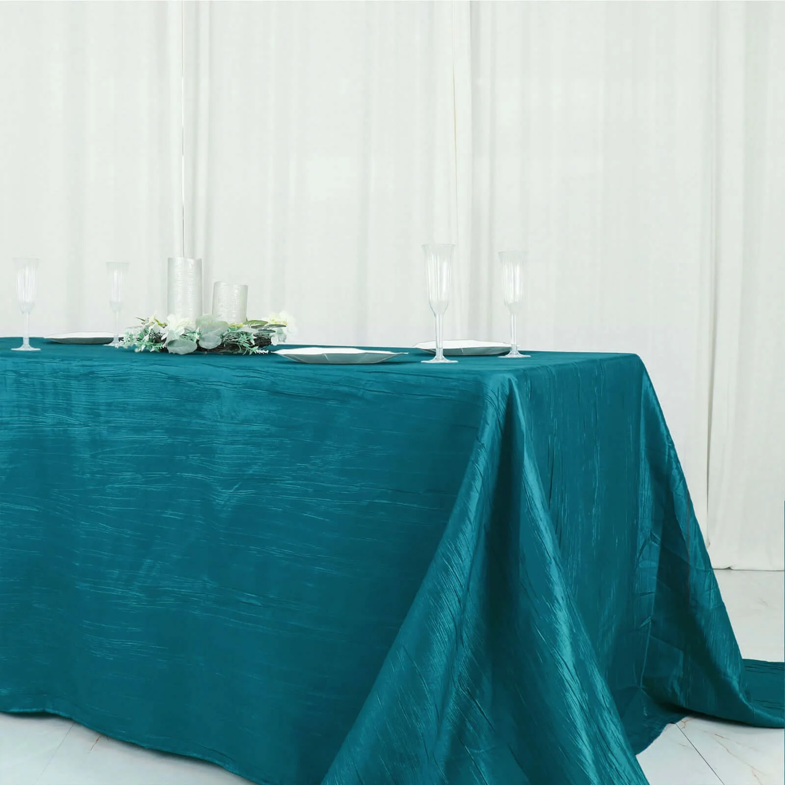 Taffeta Rectangle Tablecloth 90"x132" Teal with Accordion Crinkle Design - Seamless Finish - Image 3